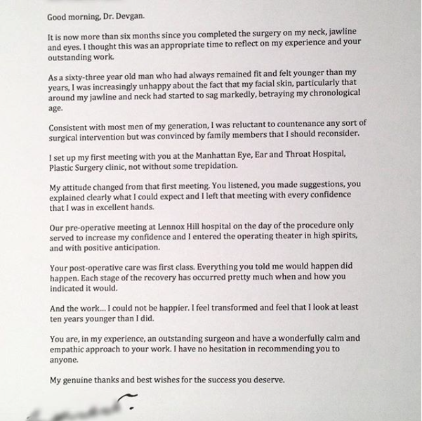 An extremely lovely letter from a facelift, necklift, and blepharoplasty patient