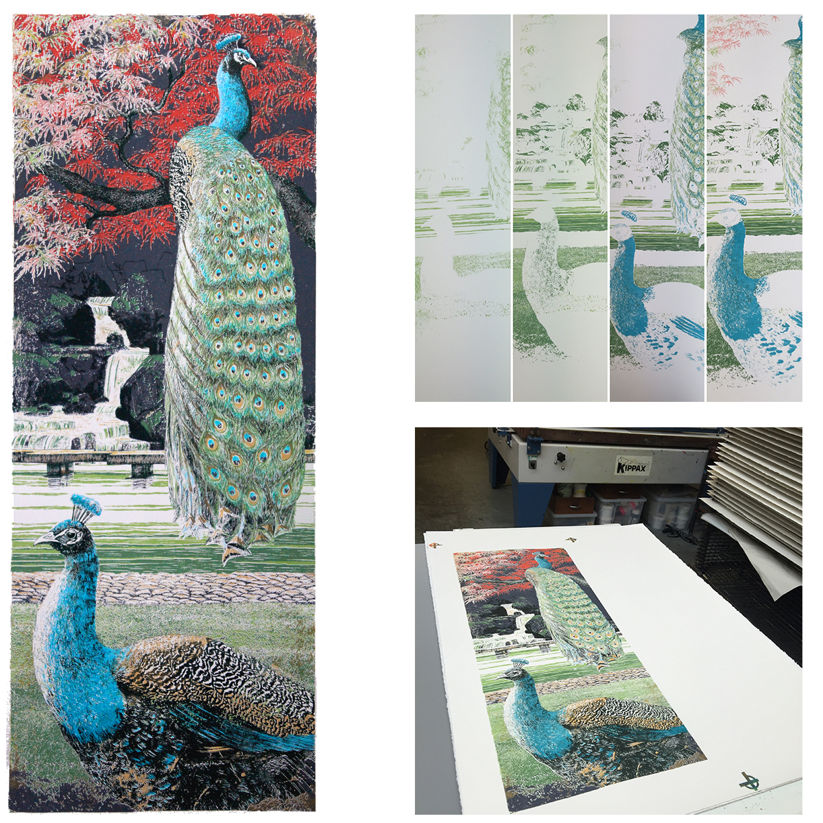 Print and Process. Above: Finished Print. Top Right: 1st 4 colours going down. Bottom Right: Print on the print bed.