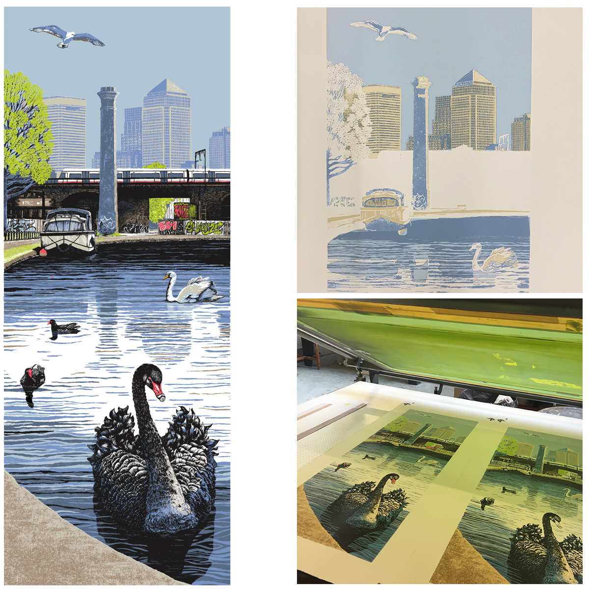 Print and process. Above: the finished print. Top right: first three colours screen printed. Bottom right: print on the print bed. 