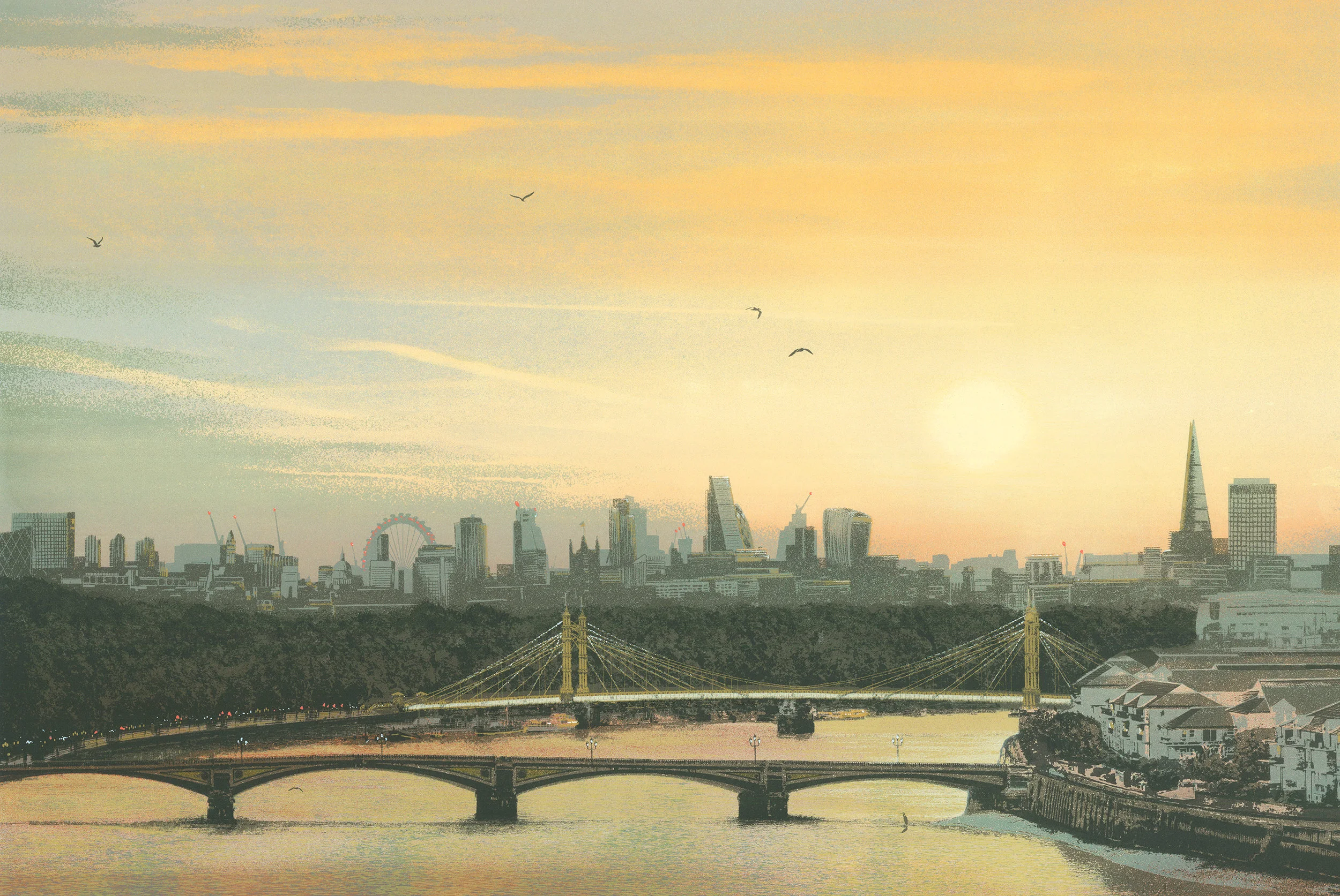 While I was collecting reference for the Battersea 10am print, I witnessed the most wonderful sunrise. It doesn't fit within the sequence, but I decided to print an edition anyway.