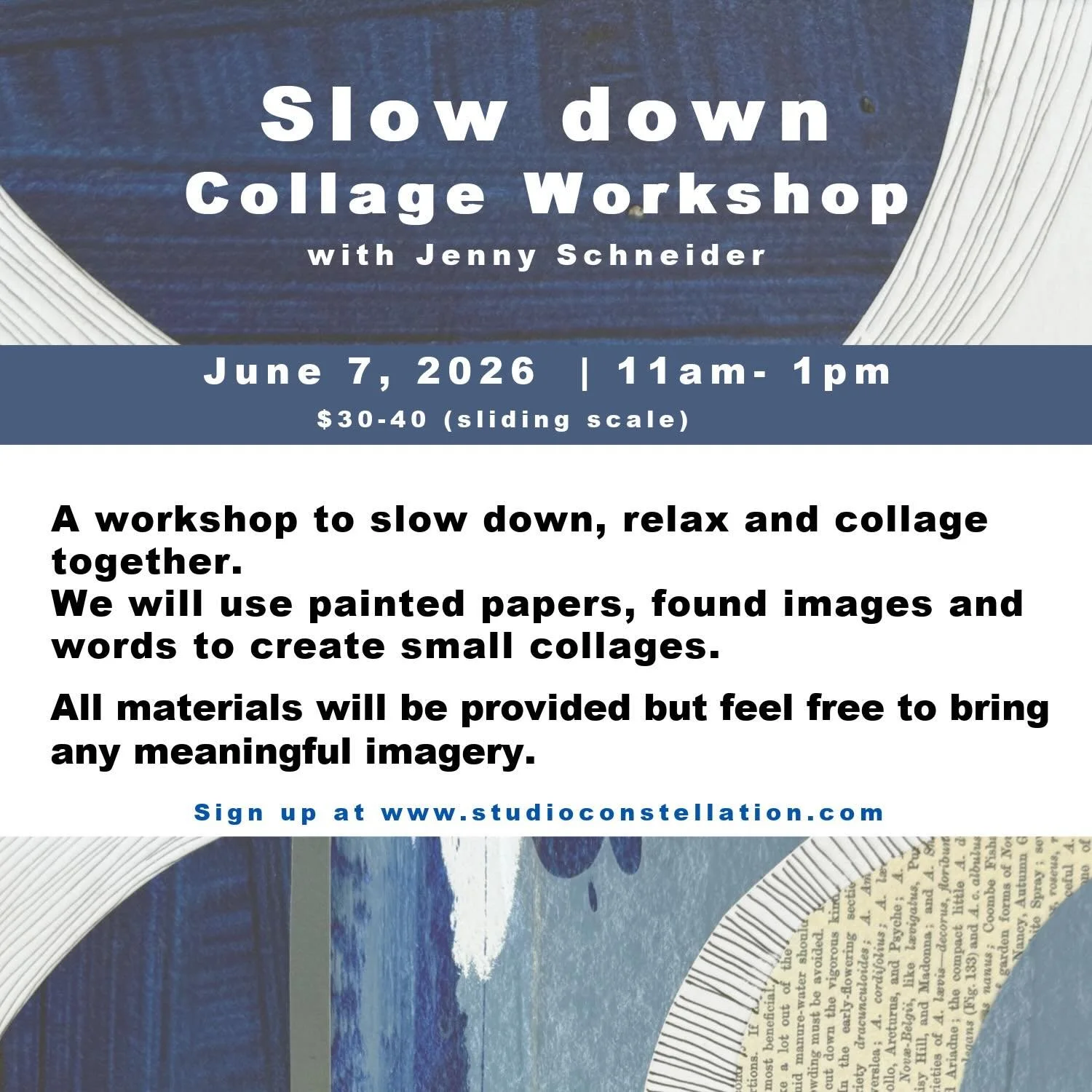 I am so happy to be back @constellation_ville on June 7th for another slow collage gathering. We will make collages inspired by the upcoming summer solstice. All materials are provided but feel free to bring images that inspire you. 
Let&rsquo;s make