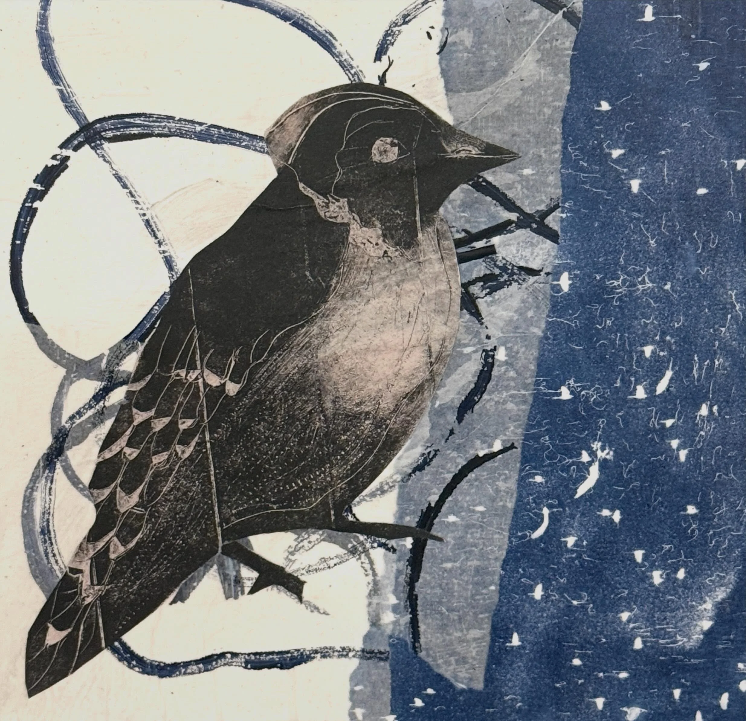 Blackbird
Tetra Pak Etching and Gel Plate print
2026

A submission to @pressingmattersmag Black and Blue Challenge. 
Thank you @abrazos.press for an inspiring printmaking workshop this spring! 

#pressingmattersinsert35 #pressingmatters
