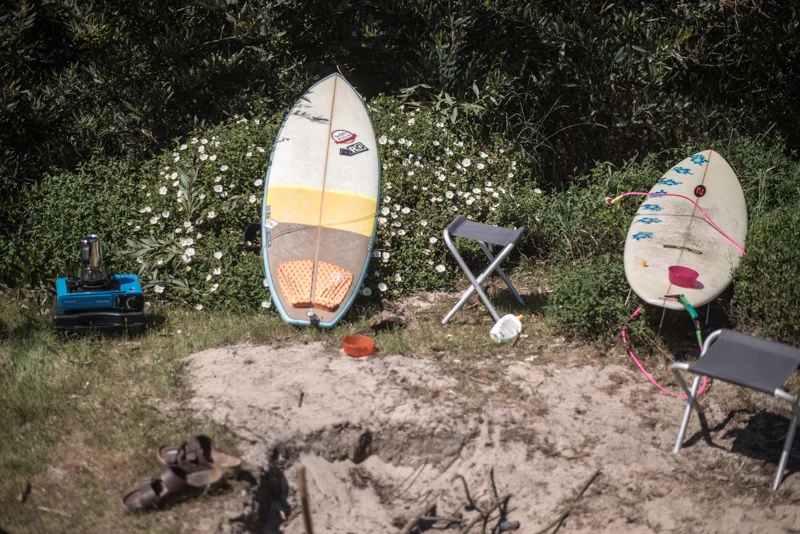 The essentials for recovery: coffee, Birkenstocks, surfboards.