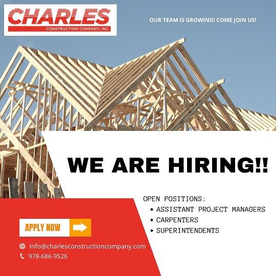 Charles Construction Company is&nbsp;#hiring ! We&rsquo;re looking for highly skilled, qualified individuals who want to further their careers and work for a company dedicated to its employees and clients.
If you&rsquo;d like to be a part of a great 