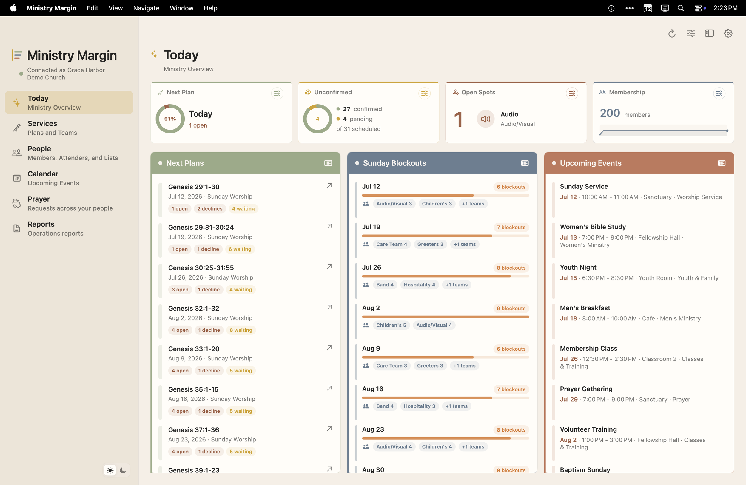 Ministry Margin for Mac Today dashboard showing upcoming service plans, open positions, blockouts, membership, and events.