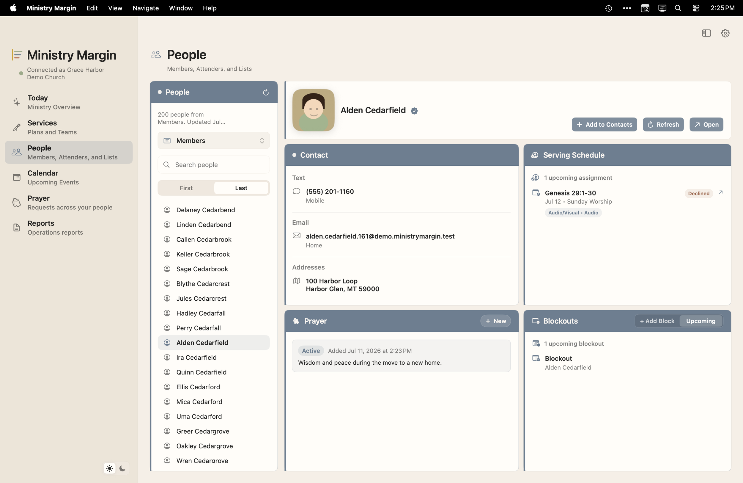 Ministry Margin for Mac People profile showing contact details, serving schedule, blockouts, and a person-linked prayer request.