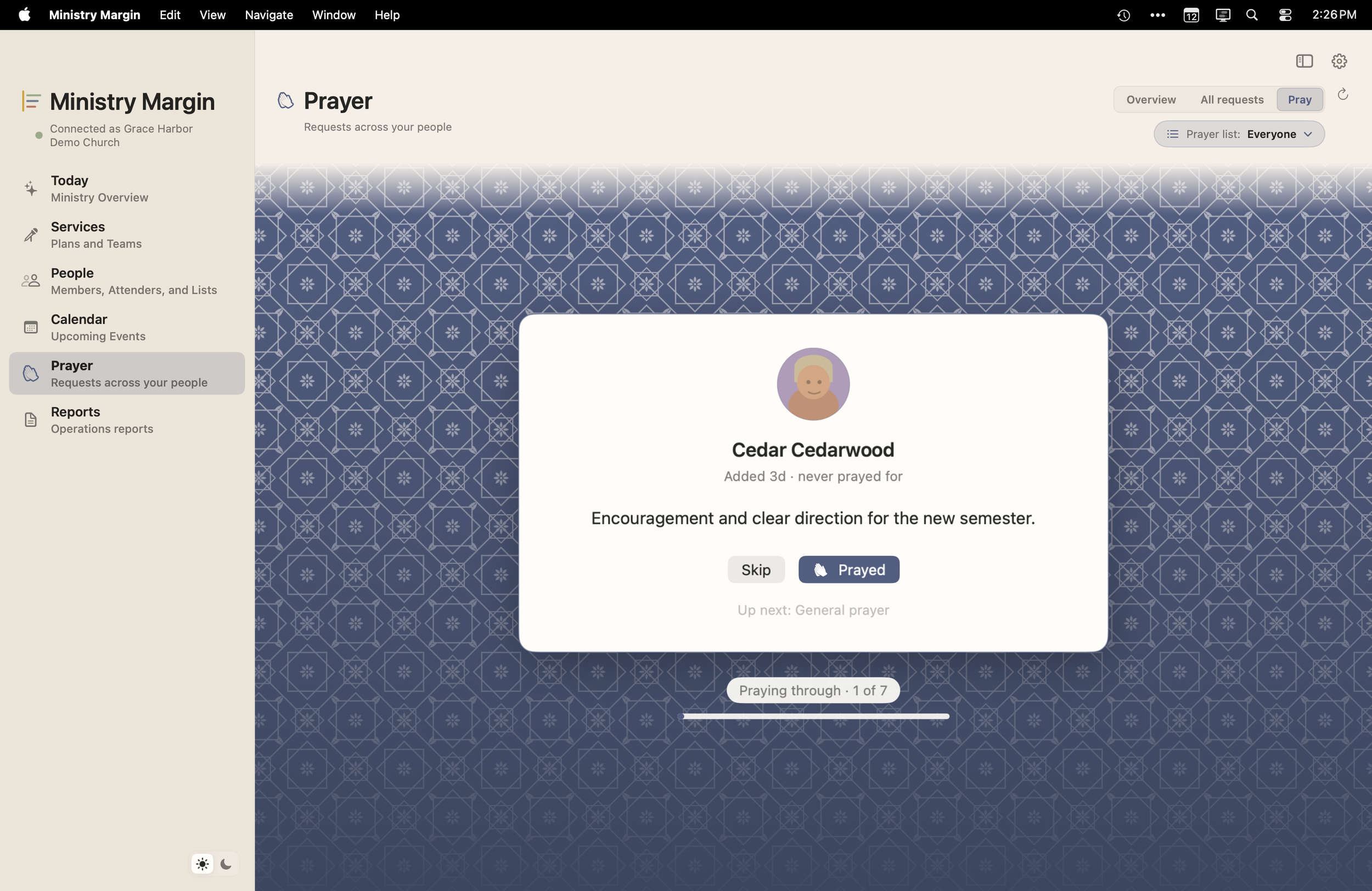 Ministry Margin for Mac pray-through view showing a private prayer request connected to a person.