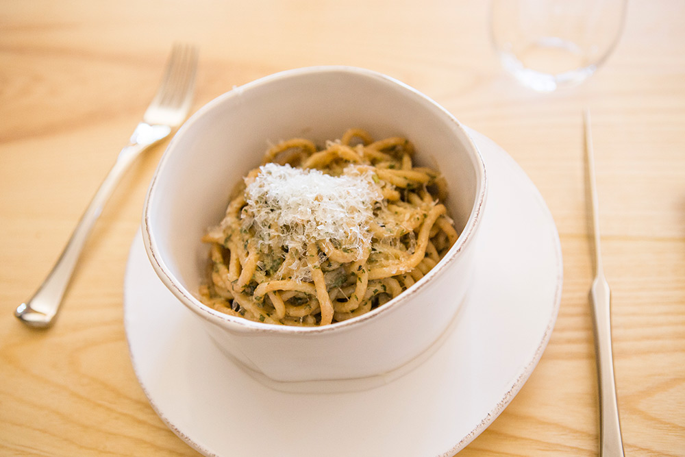 Eggless Spaghetti Etruscan Style with Mint Pesto and Pecorino.