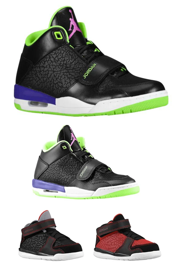 THE JORDAN FLIGHT CLUB 90 SHOWN IN MEN'S, GRADESCHOOL AND TODDLER VERSIONS, AVAILABLE ON FOOTLOCKER.COM.