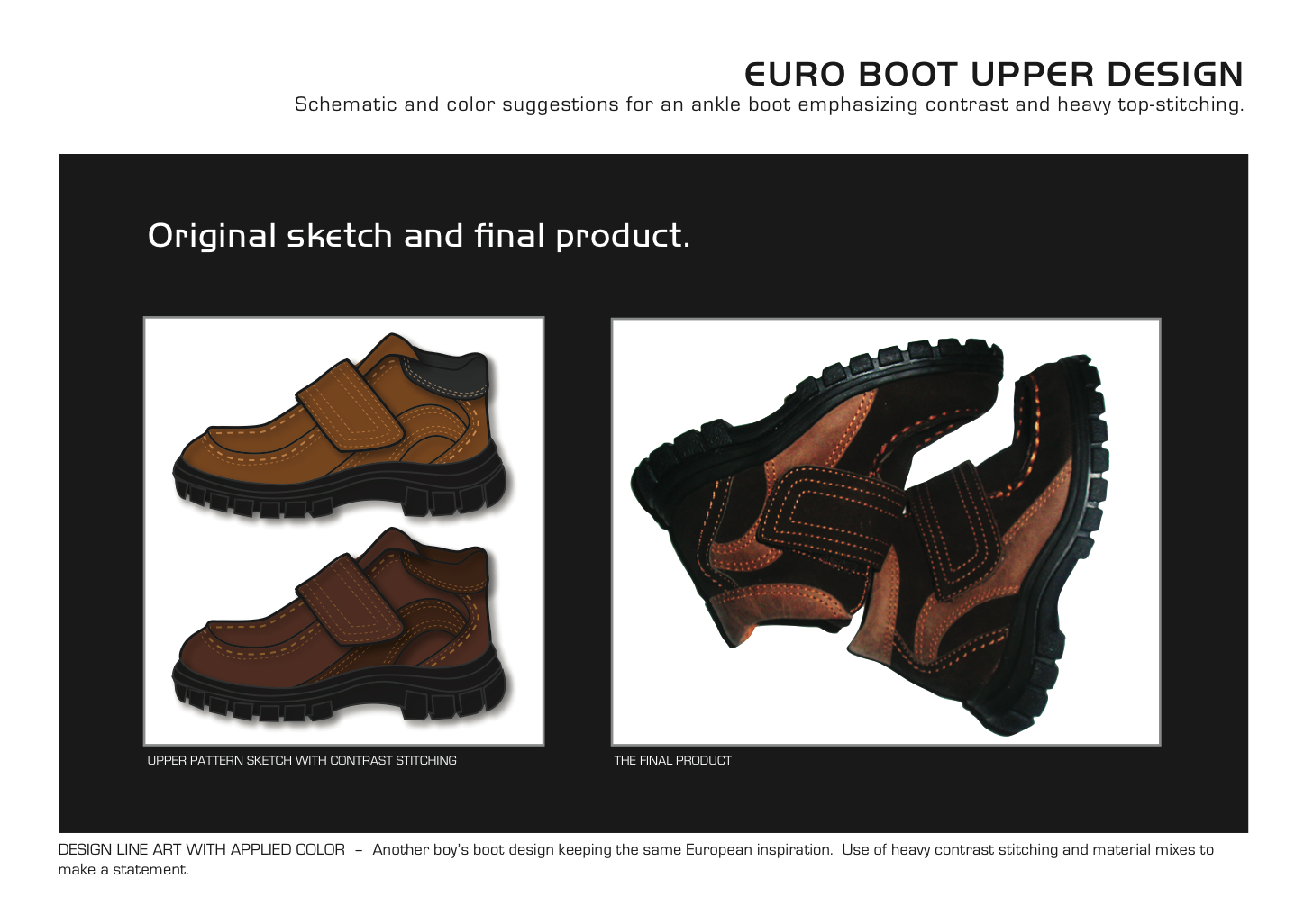 EURO INSPIRED BOY'S BOOT Upper Design + Material Design + Color Design Distressed Leather + Smooth Leather Factory Schematics + Prototype Edits + Travel Adobe Illustrator • • •