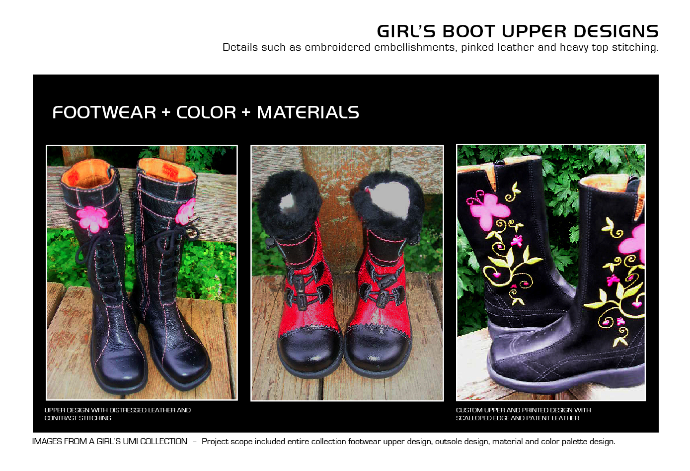 GIRL'S BOOT DESIGN Upper Design + Material Design + Color Design + Upper Graphic Design Distressed Leather + Smooth Leather + Nubuck Factory Schematics + Prototype Edits + Travel Adobe Illustrator • • •