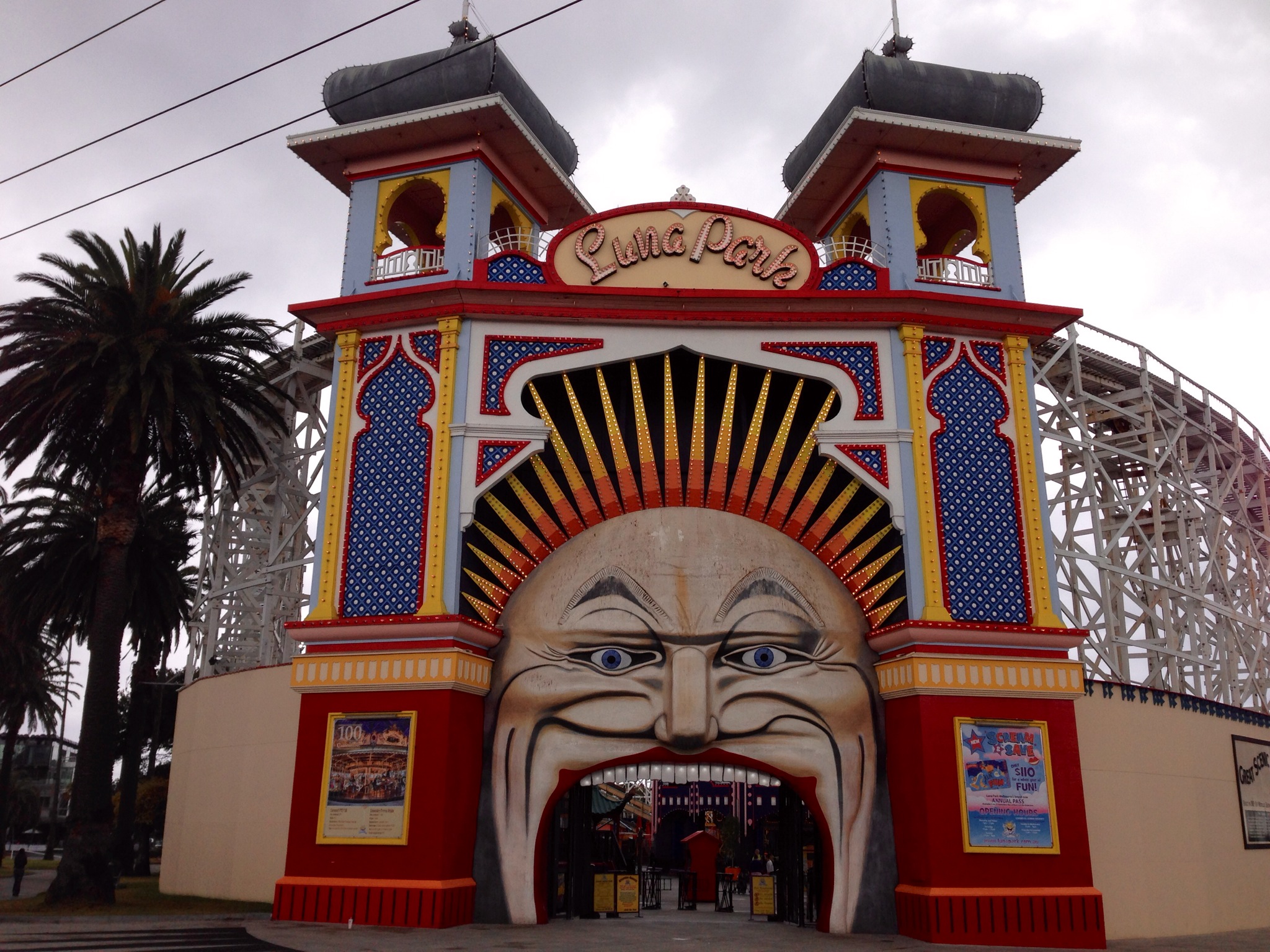 Entrance to Luna Park in St. Kilda, Melbourne, where the temperature is slightly warmer than in New York City.
