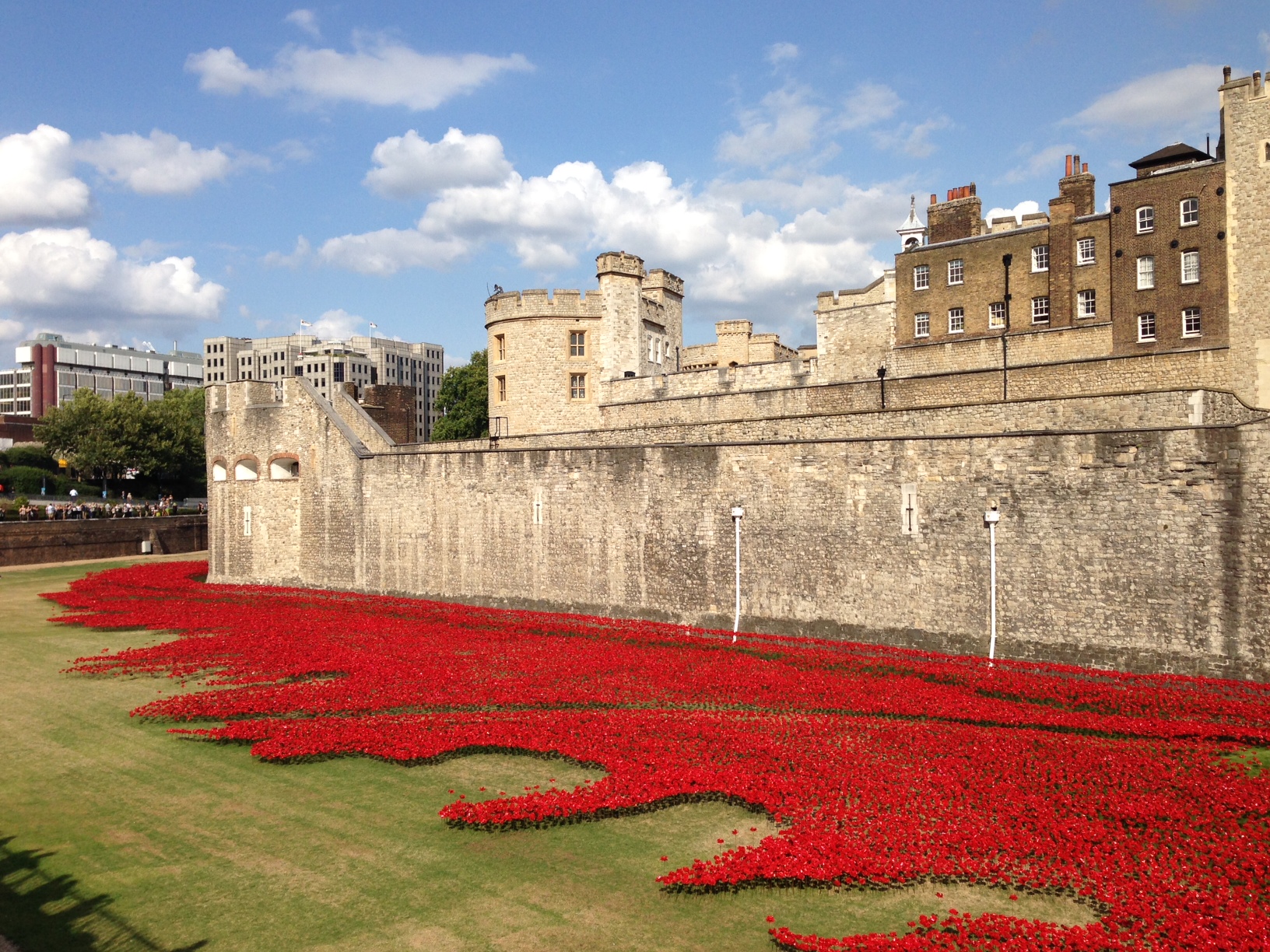In commemoration of the 100th anniversary of the start of World War I, ceramic artist Paul Cummins created this installation at the Tower of London , The sea of red is made up of individual ceramic poppies. 