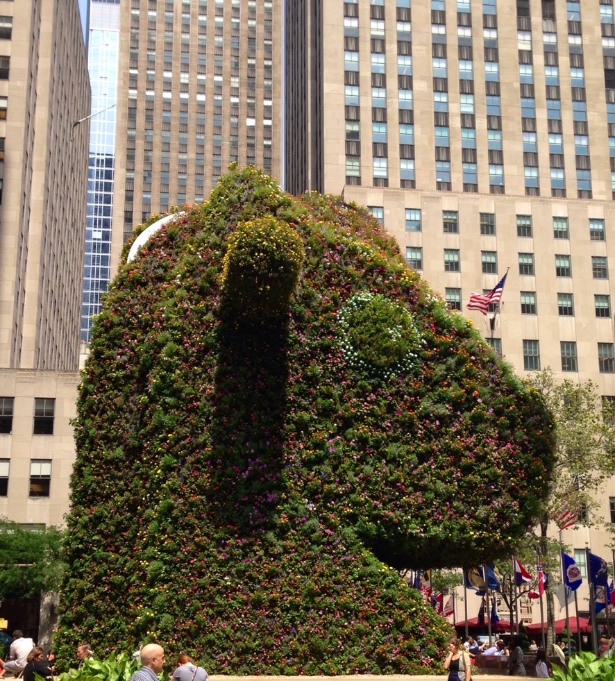 You can see this giant topiary where the Holiday Tree normally stands in Rockefeller Center. Half rocking horse, half toy dinosaur with over 50,000 flowering plants, Split-Rocker sets the stage for Jeff Koons: A Retrospective at the Whitney Museum of American Art.