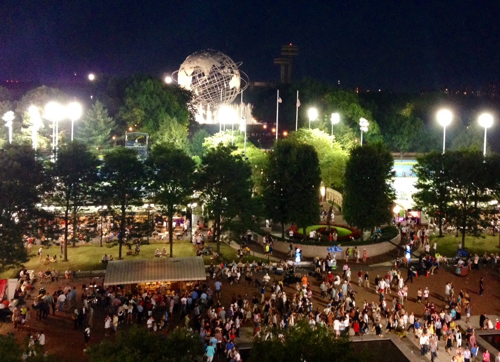The incredible view from Arthur Ashe Stadium of the 1964 World Fair's Unisphere and Observation Towers of the New York State Pavilion in Flushing Meadows-Corona Park .