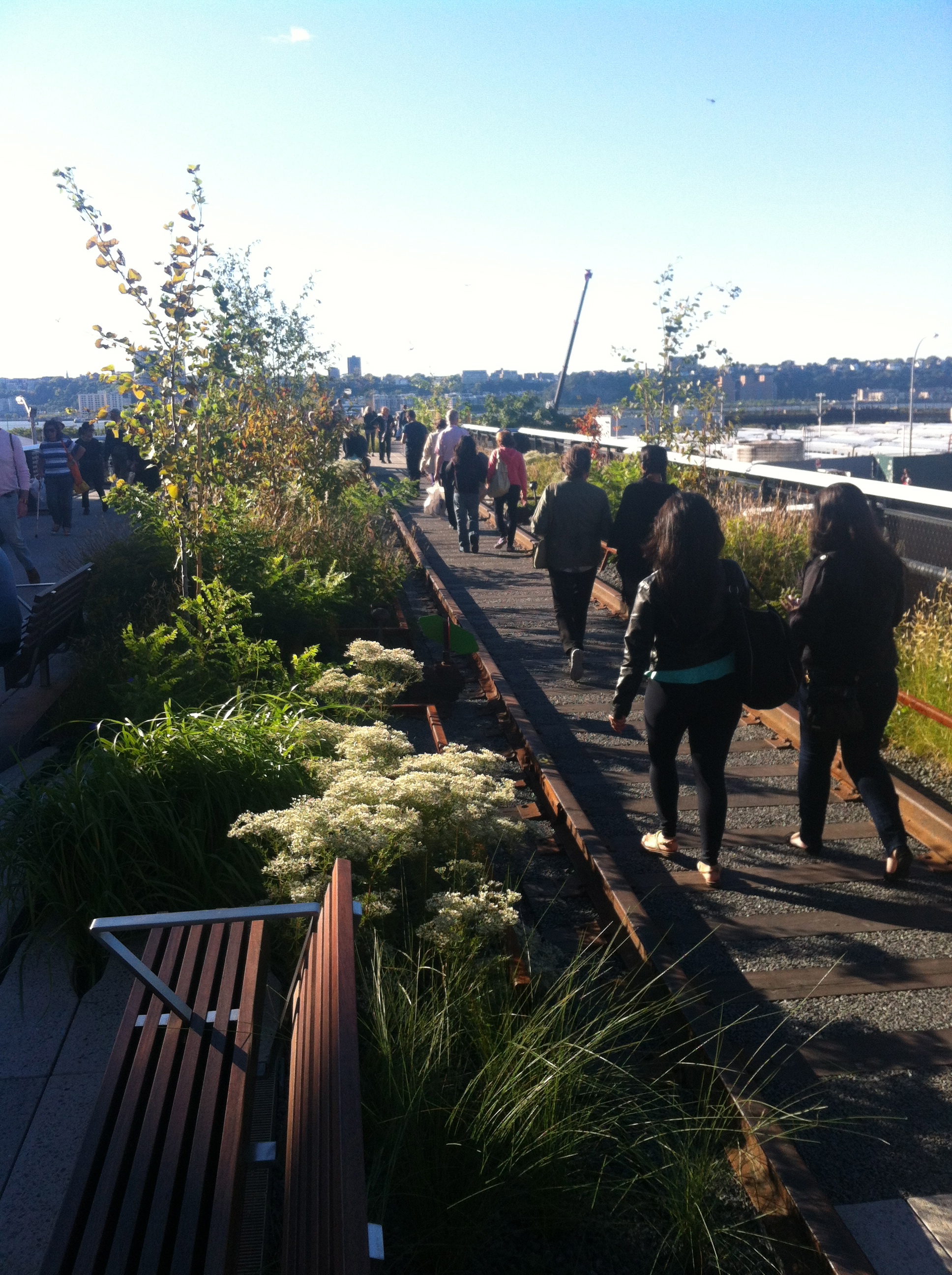 The new portion of the High Line features a minimal and sparse landscape and original railroad tracks where visitors can walk.