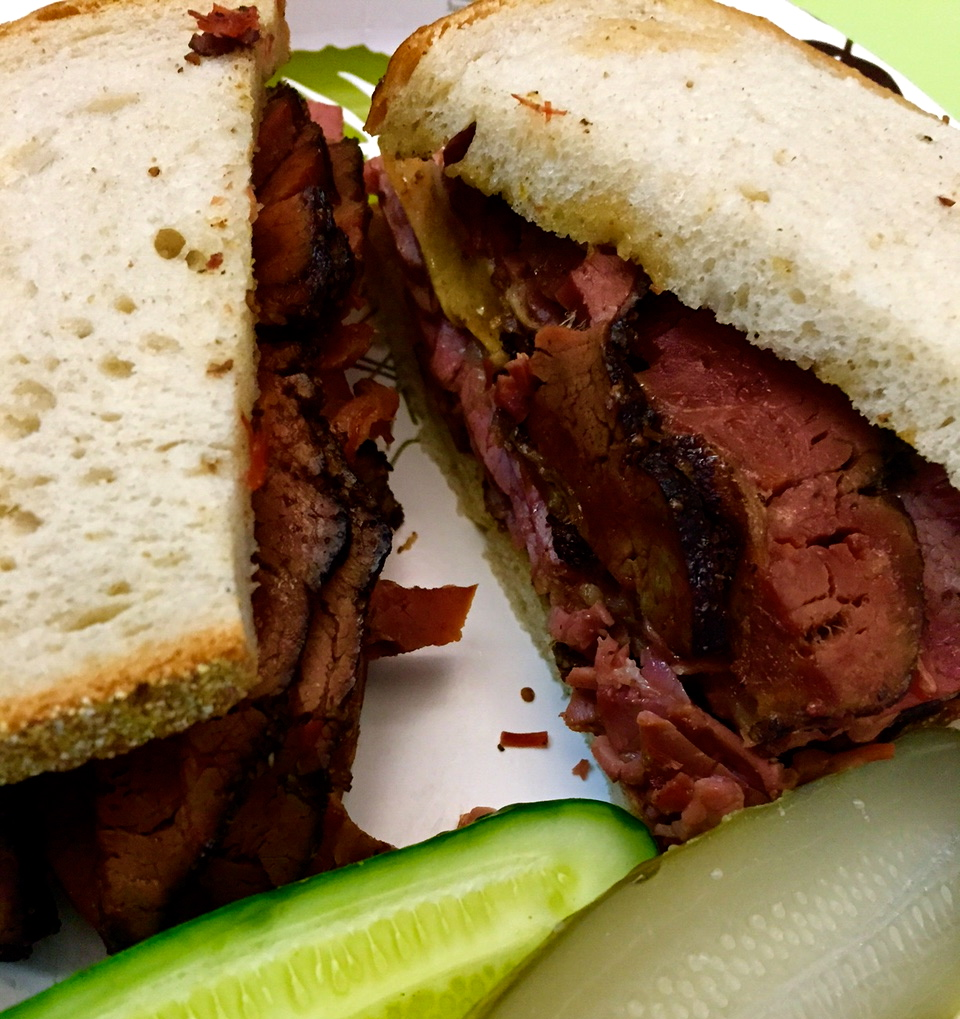 Pastrami on rye with mustard and pickles from the famous Katz's Delicatessen in the Lower East Side.