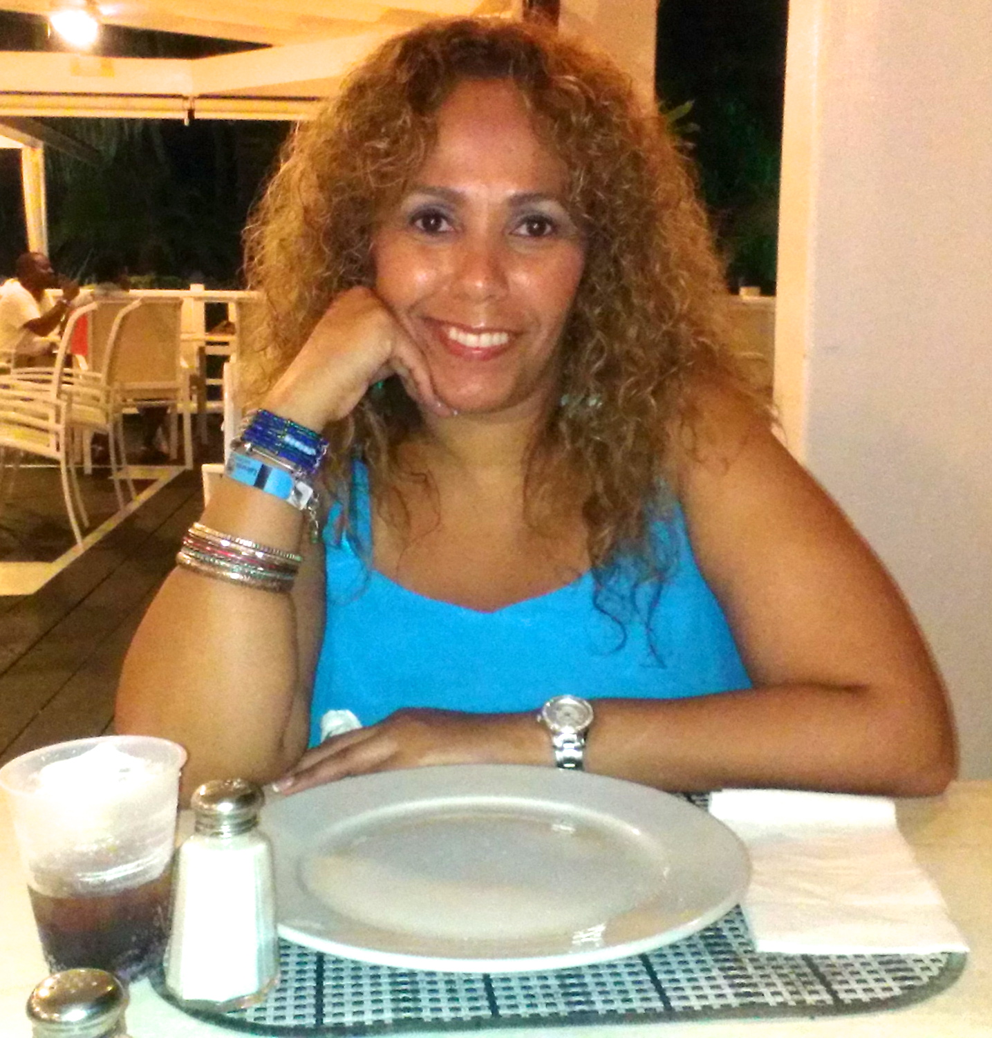 Lourdes waiting for some delicious food.