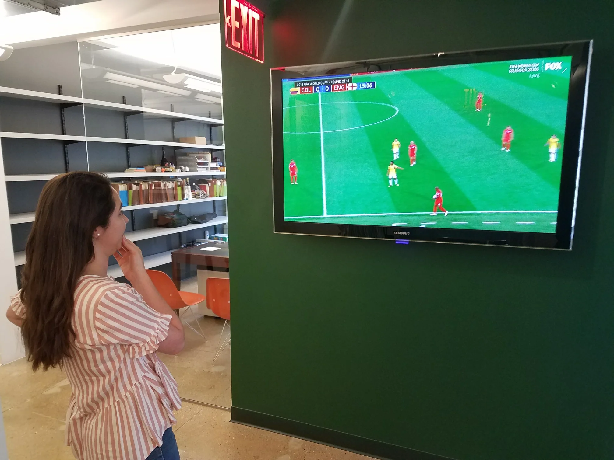 Gaby anxiously watching the first half of the Colombia vs. England game.