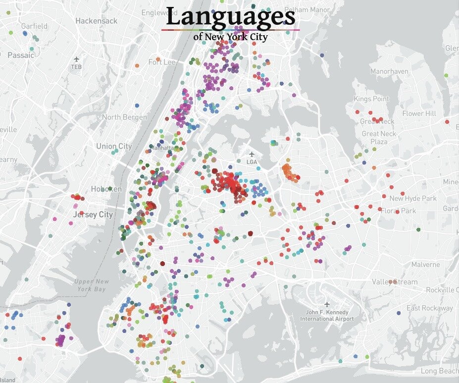 New York City&rsquo;s linguistic diversity is astonishing &ndash; the relatively small area is home to speakers of over 700 different languages and dialects. The Languages of New York City map documents over 1200 distinct &ldquo;neighborhoods, commun