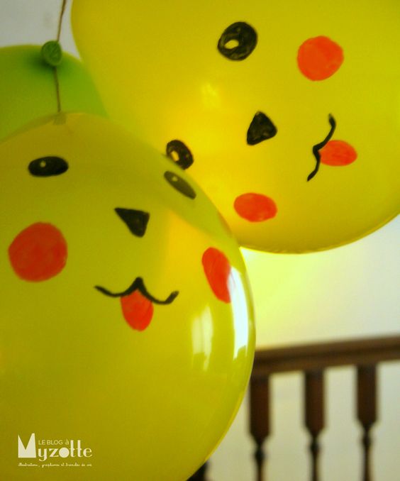 Super simple idea with balloons, just draw a very simple Pikachu face and boom instant Pokemon deco. From experience I can tell you that sharpies make great pens to draw onto balloons. make sure you avoid any pens with metal tips.