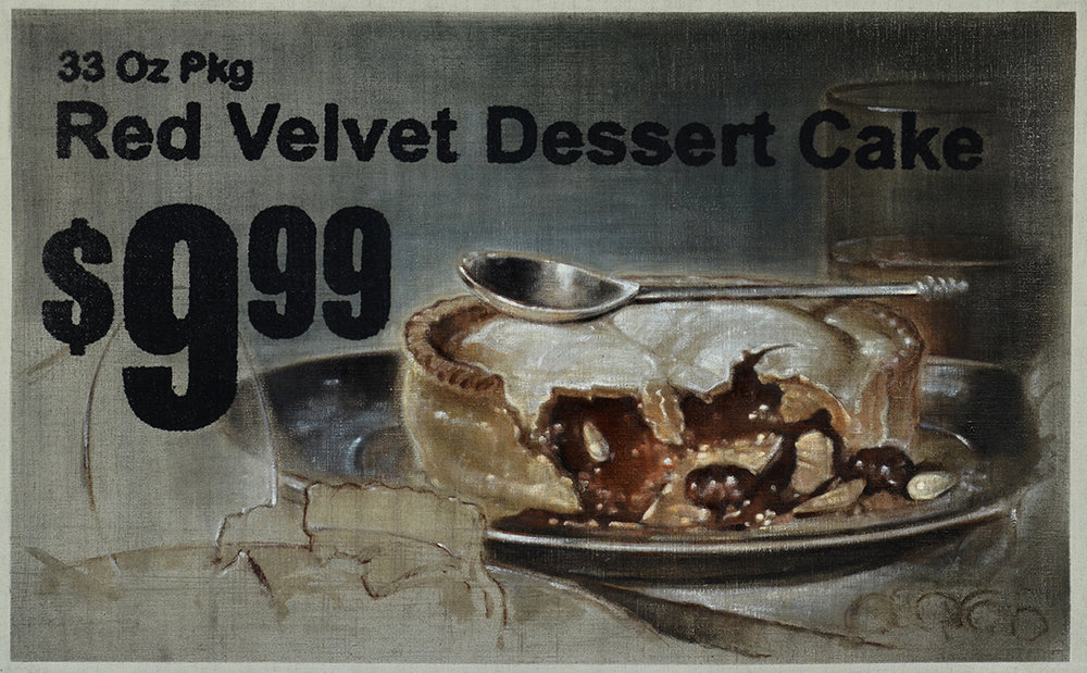  Red Velvet Dessert Cake, 2016 Oil on linen with silkscreen 20 1/2 x 33 1/2 in.