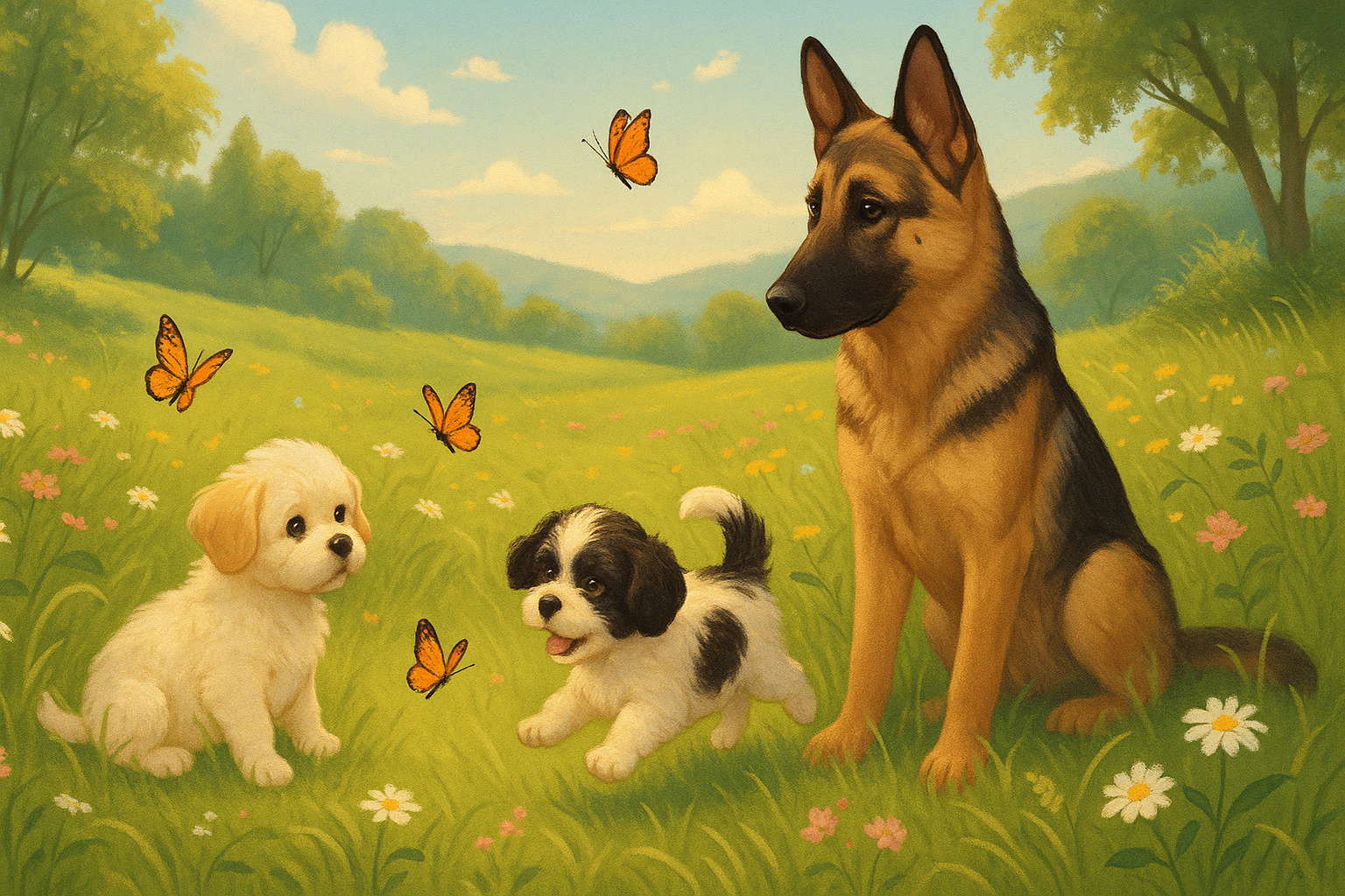 Chien de berger et chiots dans la prairie.png