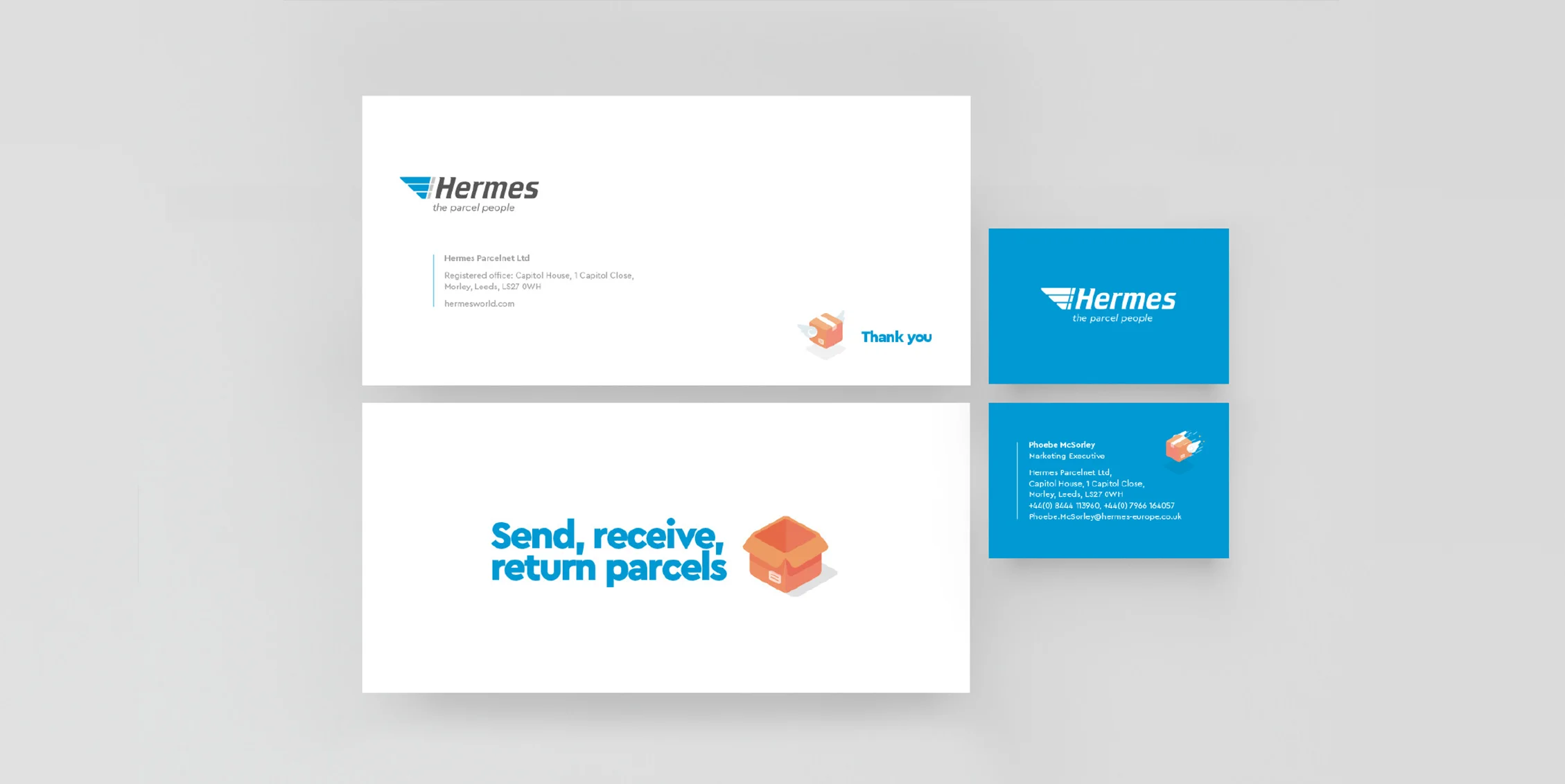 Compliment slips and business cards designed in the 2018 brand