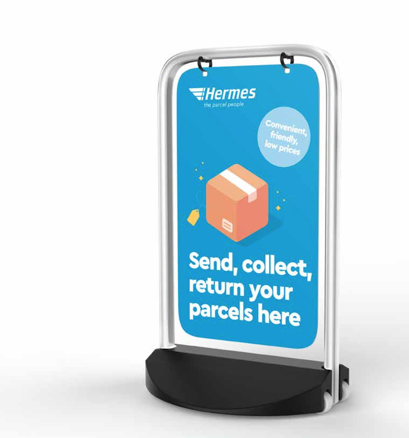Retail POS items - Example of an A-board design for B2C outside convenience stores./ ParcelShops