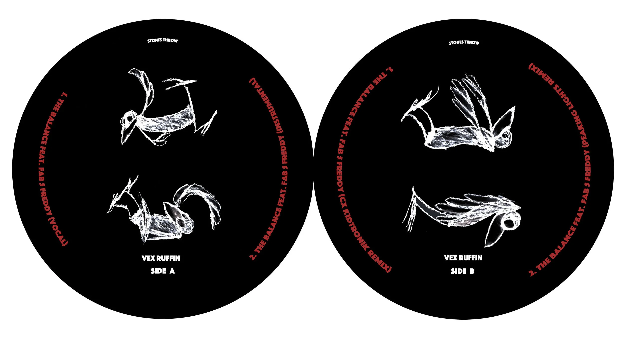 Label design for single “The Balance by Vex Ruffin & Fab 5 Freddy” from Stone's Throw Records