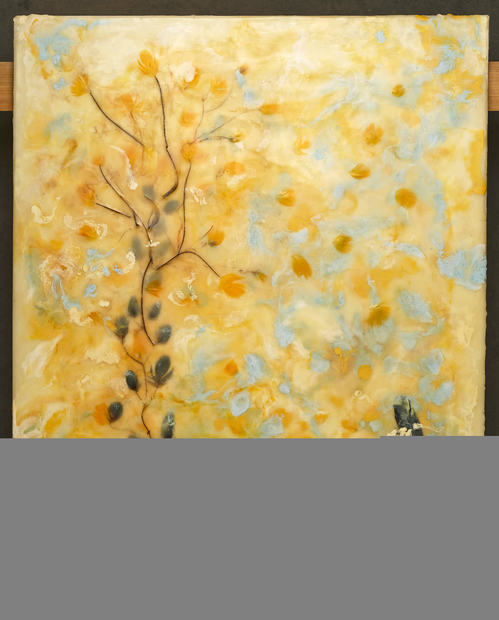 Encaustic with Macaw Feathers — 24 × 36 inches