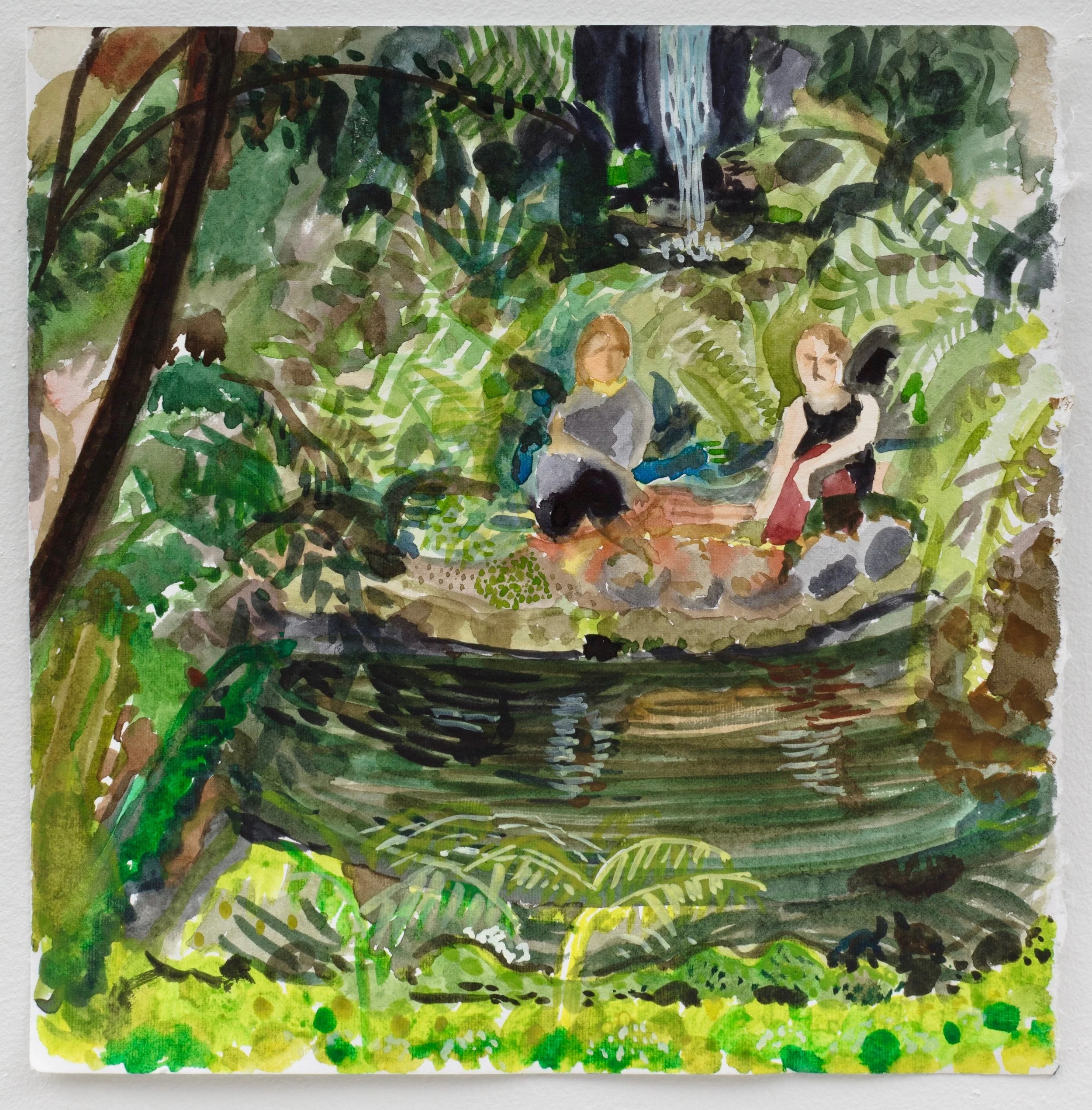 Two by the Pool, 2018 Watercolor on archival paper (en plein air study), 12” x 12”