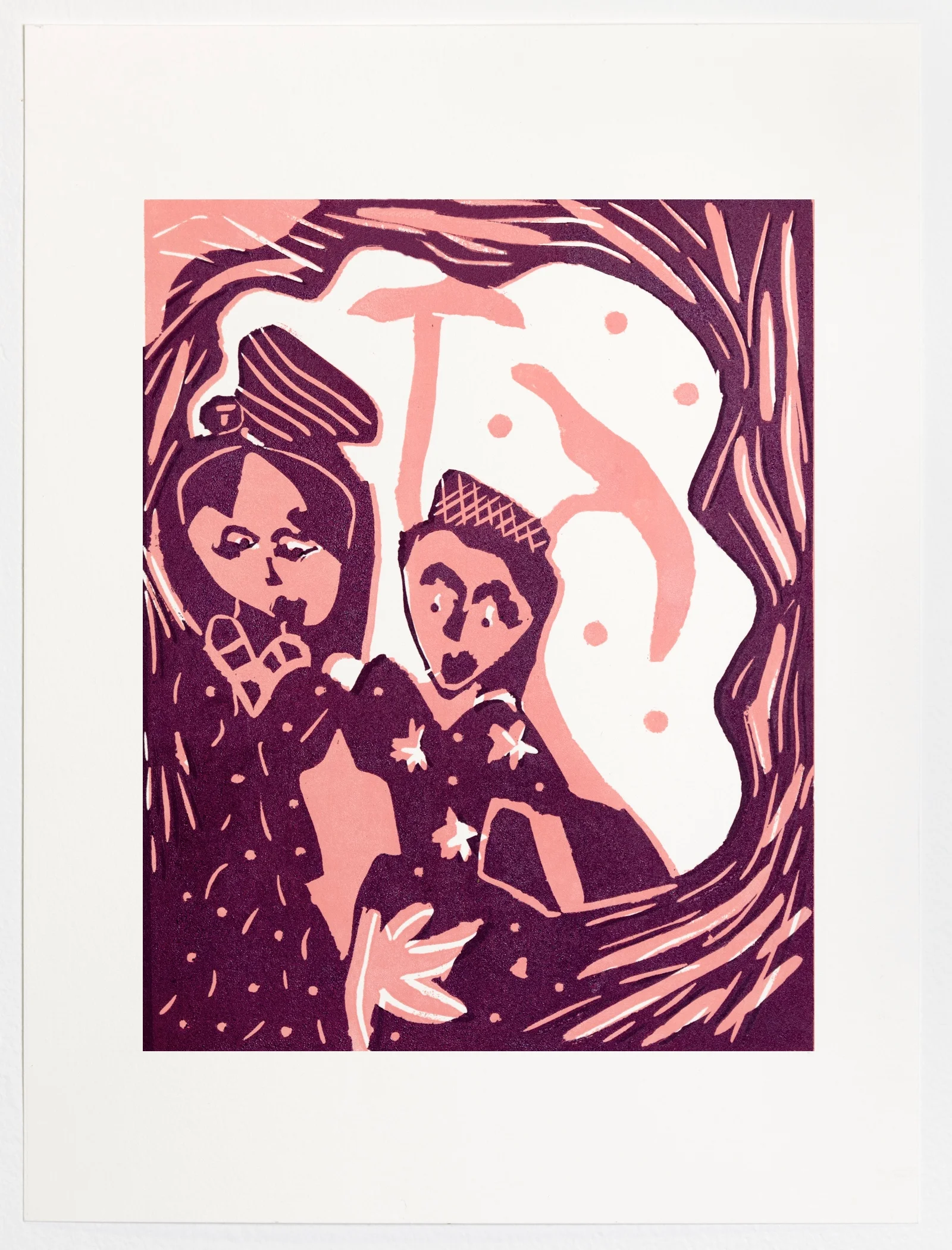 Two Dweebs, 2018 Reduction Linocut, 11” x 14” Edition: mono