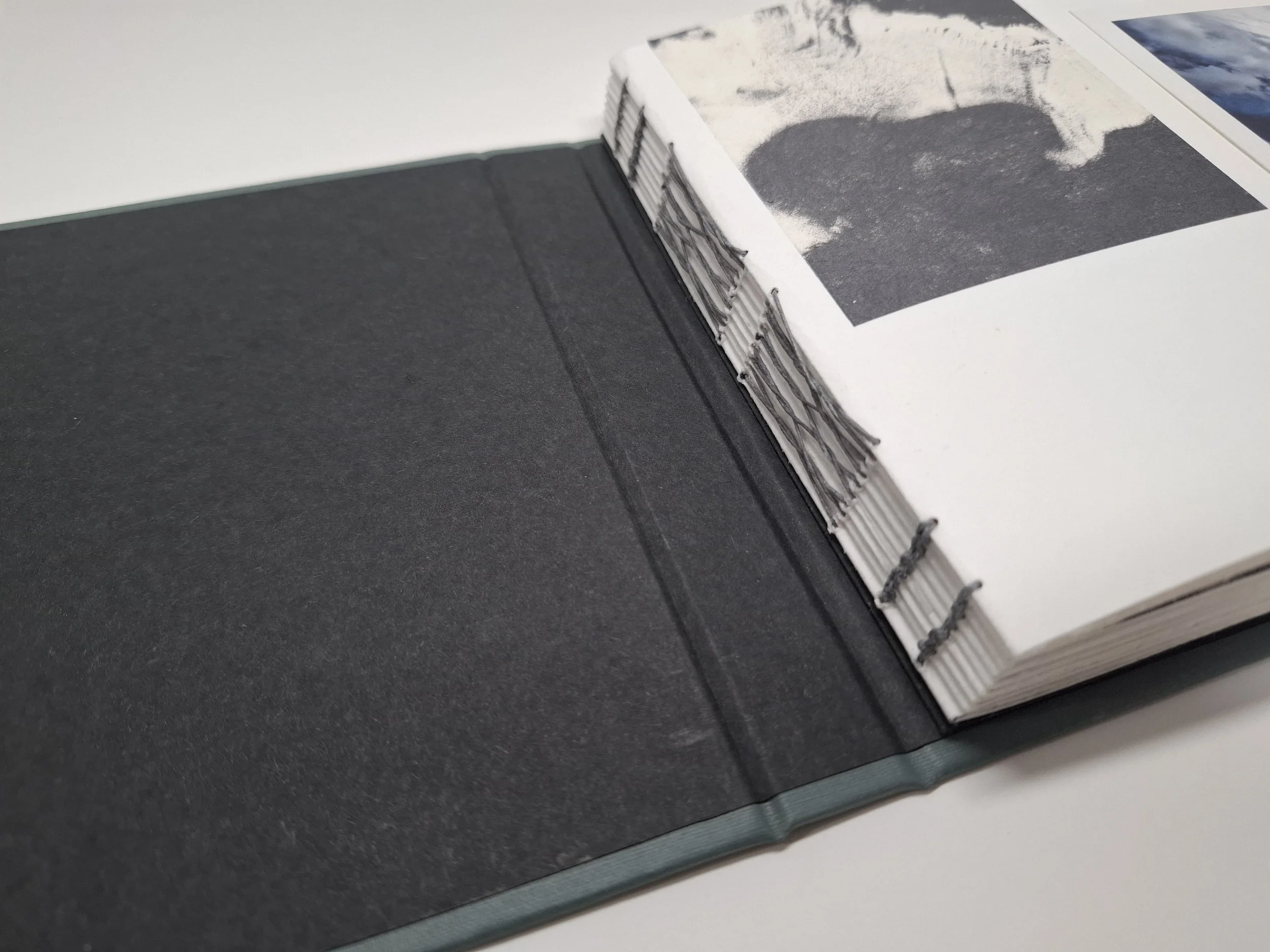 nowcast/nubilous (detail) 2025 Lithograph on Awagami kitikata, Awagami kozo and Magnani Incisioni with inkjet photographs. Exposed spine with Swiss binding.