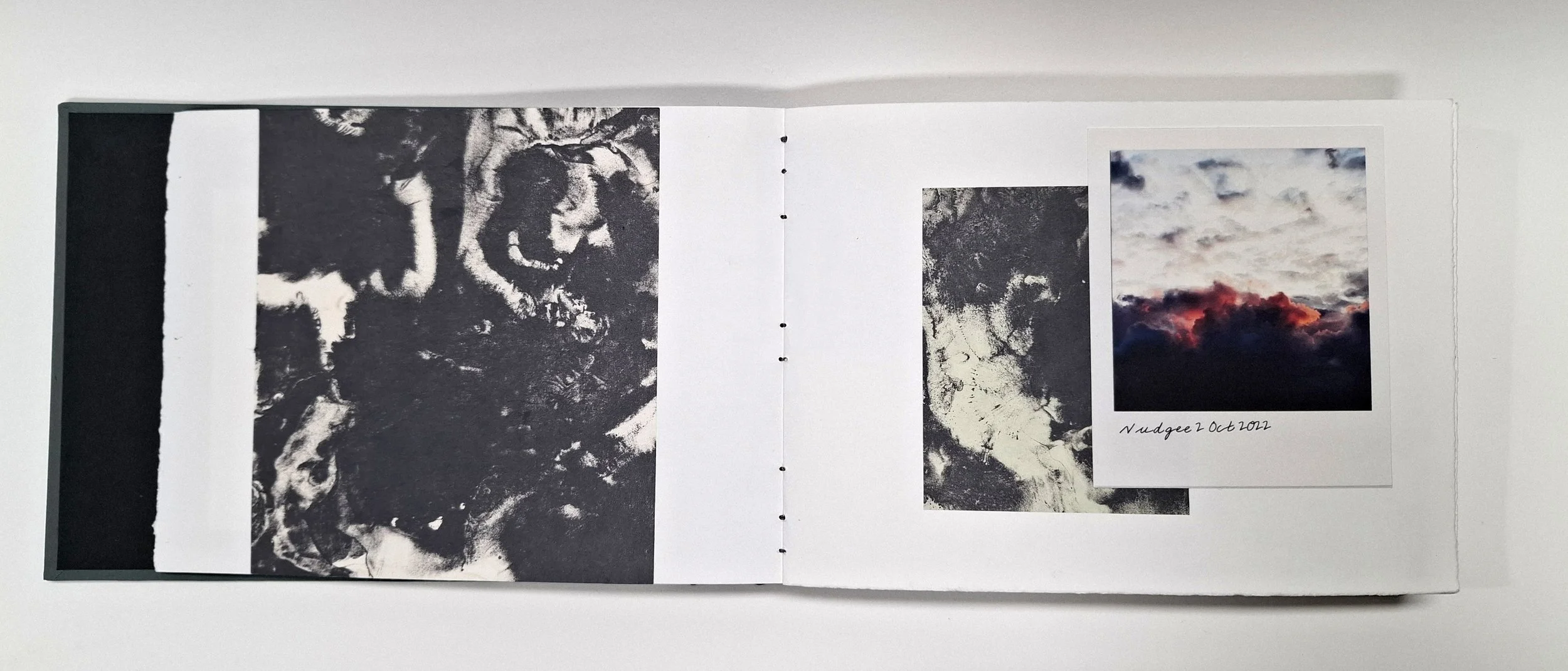 nowcast/nubilous (detail) 2025 Lithograph on Awagami kitikata, Awagami kozo and Magnani Incisioni with inkjet photographs. Exposed spine with Swiss binding.