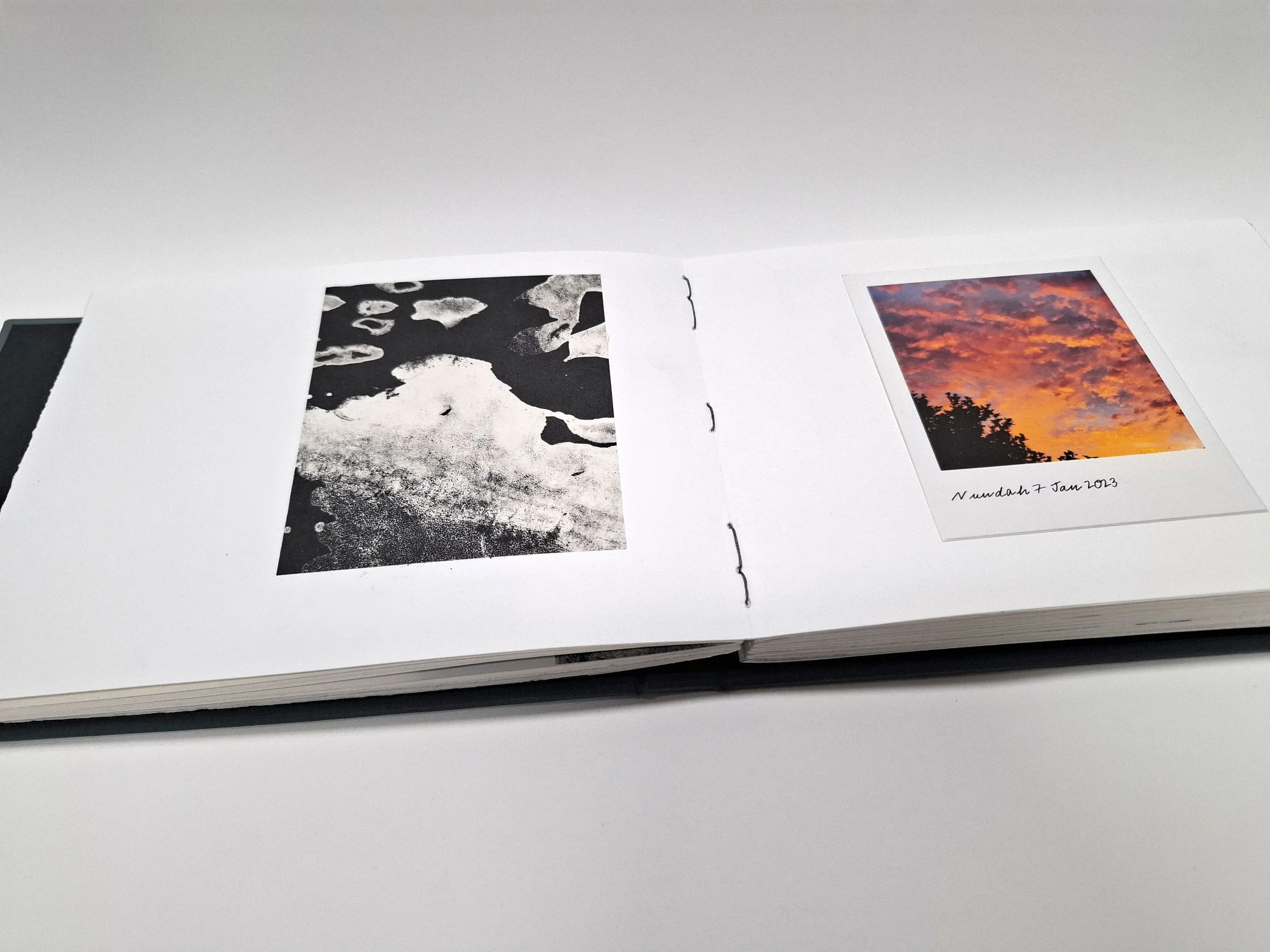 nowcast/nubilous (detail) 2025 Lithograph on Awagami kitikata, Awagami kozo and Magnani Incisioni with inkjet photographs. Exposed spine with Swiss binding.