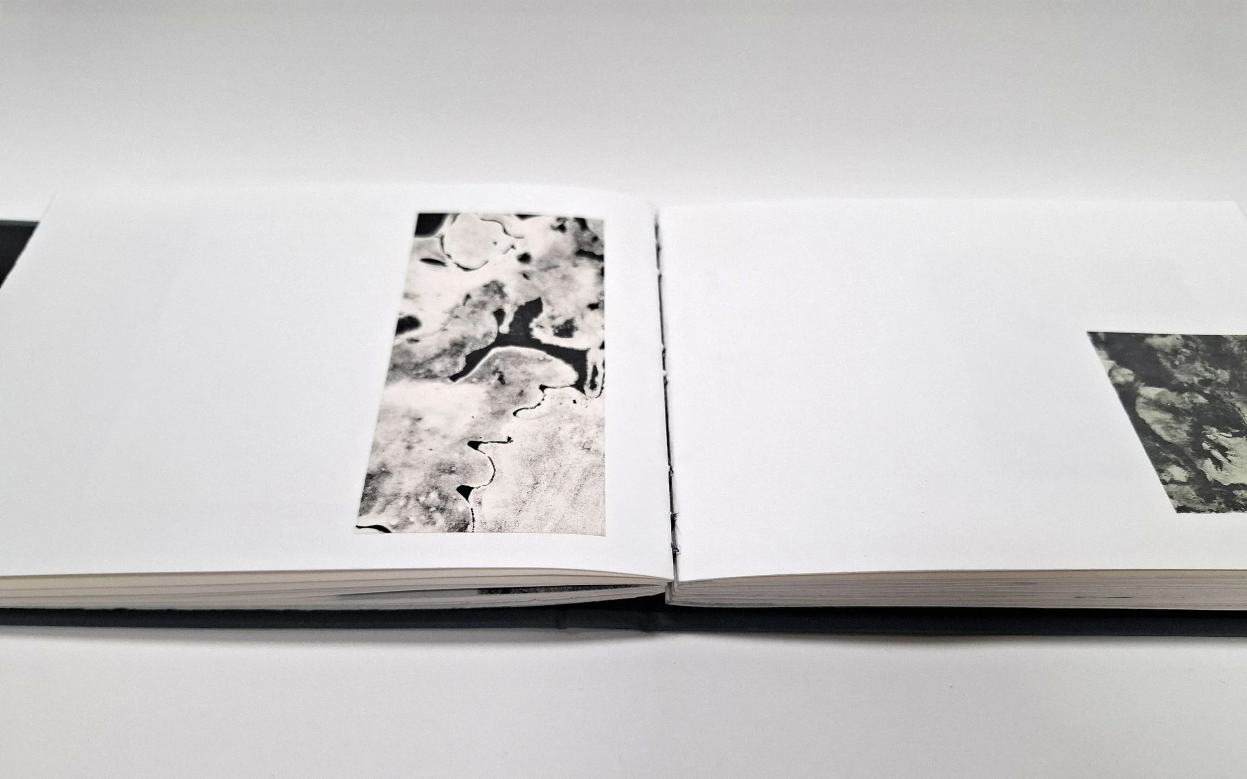 nowcast/nubilous (detail) 2025 Lithograph on Awagami kitikata, Awagami kozo and Magnani Incisioni with inkjet photographs. Exposed spine with Swiss binding.