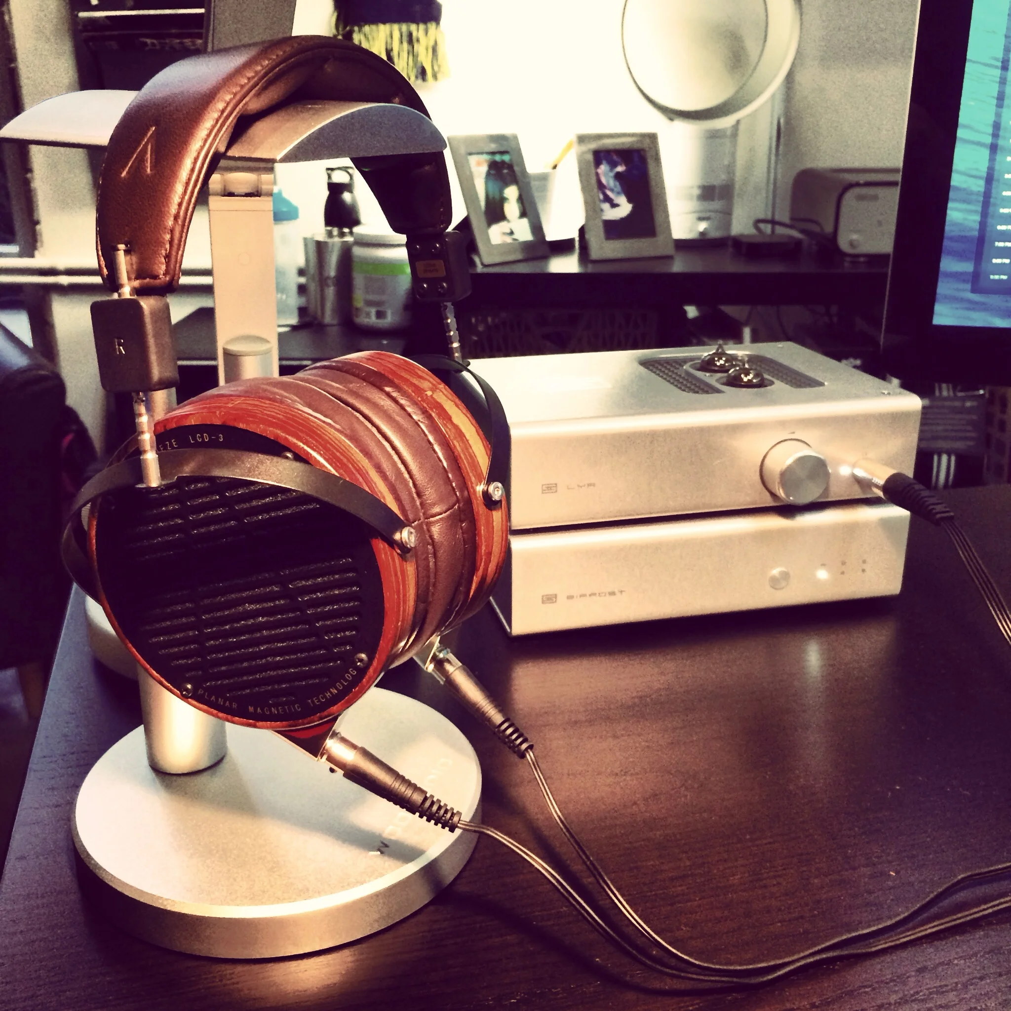My office setup featuring the Schiit Audio LYR/BIFROST AMP/DAC combo, and the Audeze LCD3s.