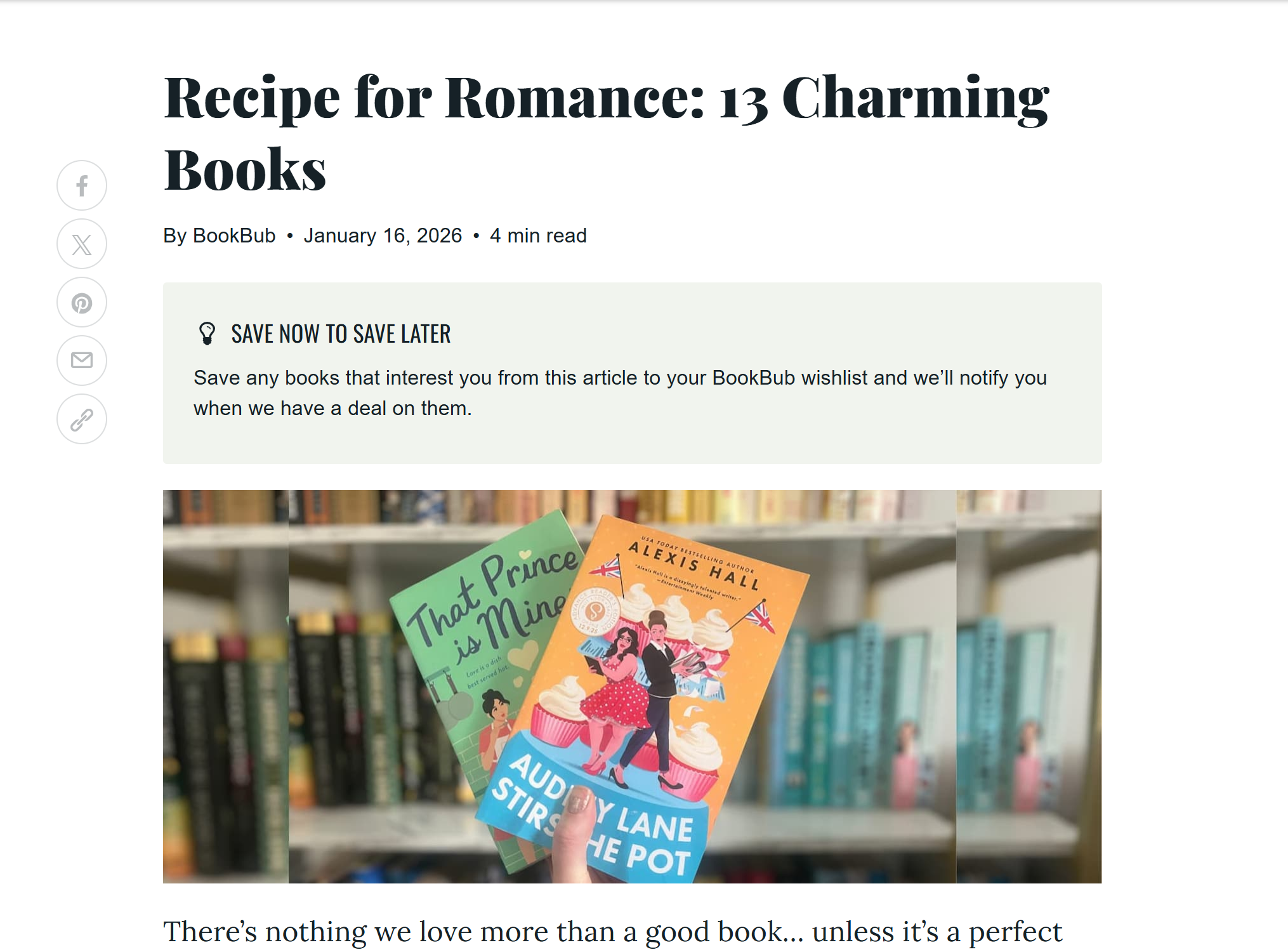 BookBub featuring The Slow Burn as one of 13 Charming Books to read