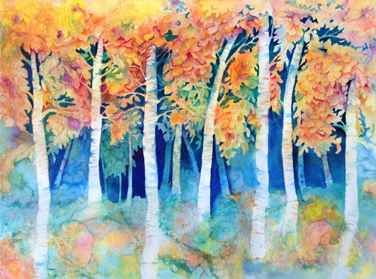Not yet complete, here you see that I am finding more and more trees in this Aspen Grove in Autumn. This painting was started in the Hide-N-Seek Class I taught in Denver earlier in October, 2014. Ask me how you can arrange to have me teach a class in your neck of the woods!