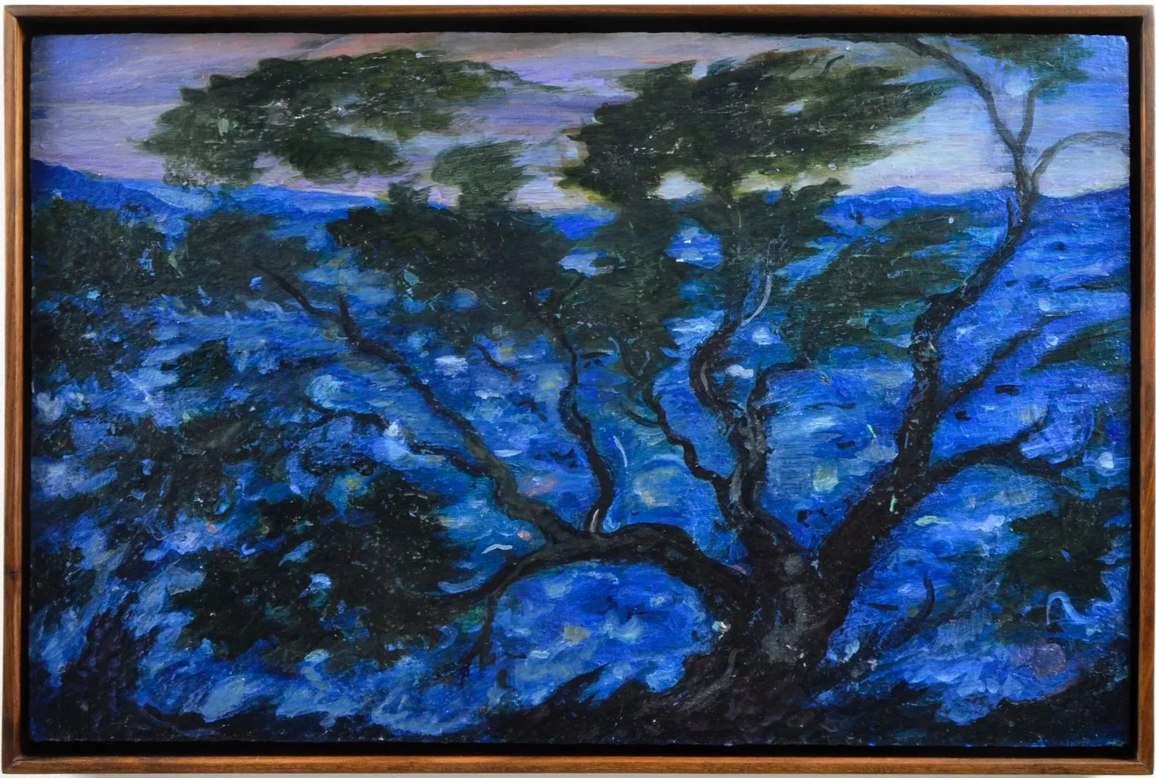  The Juniper Tree   oil on canvas panel in artist walnut frame, 20 x 13 inches, 2025 