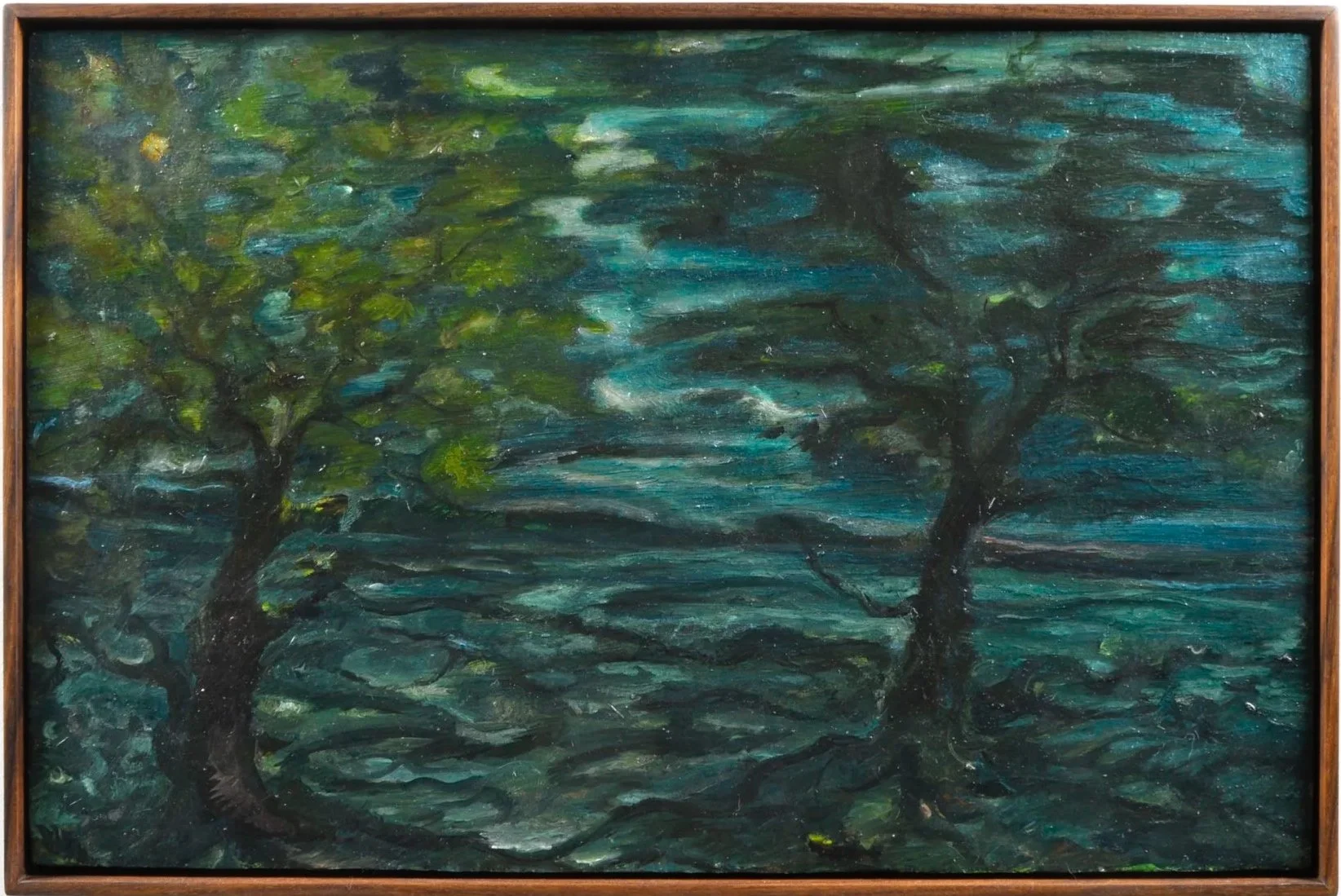   Watch the sky for me   oil on canvas panel in artist walnut frame, 20 x 13 inches, 2025 