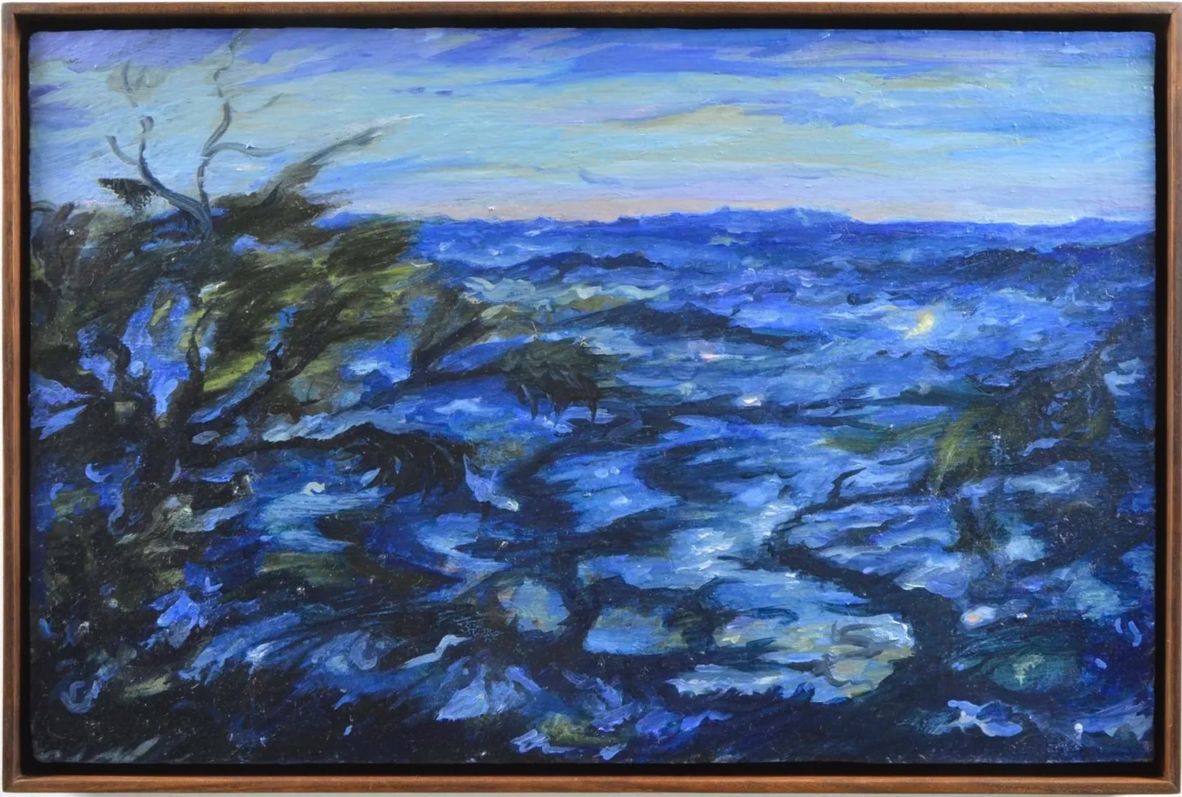   Above the clouds   oil on canvas panel in artist walnut frame, 20 x 13 inches, 2025 