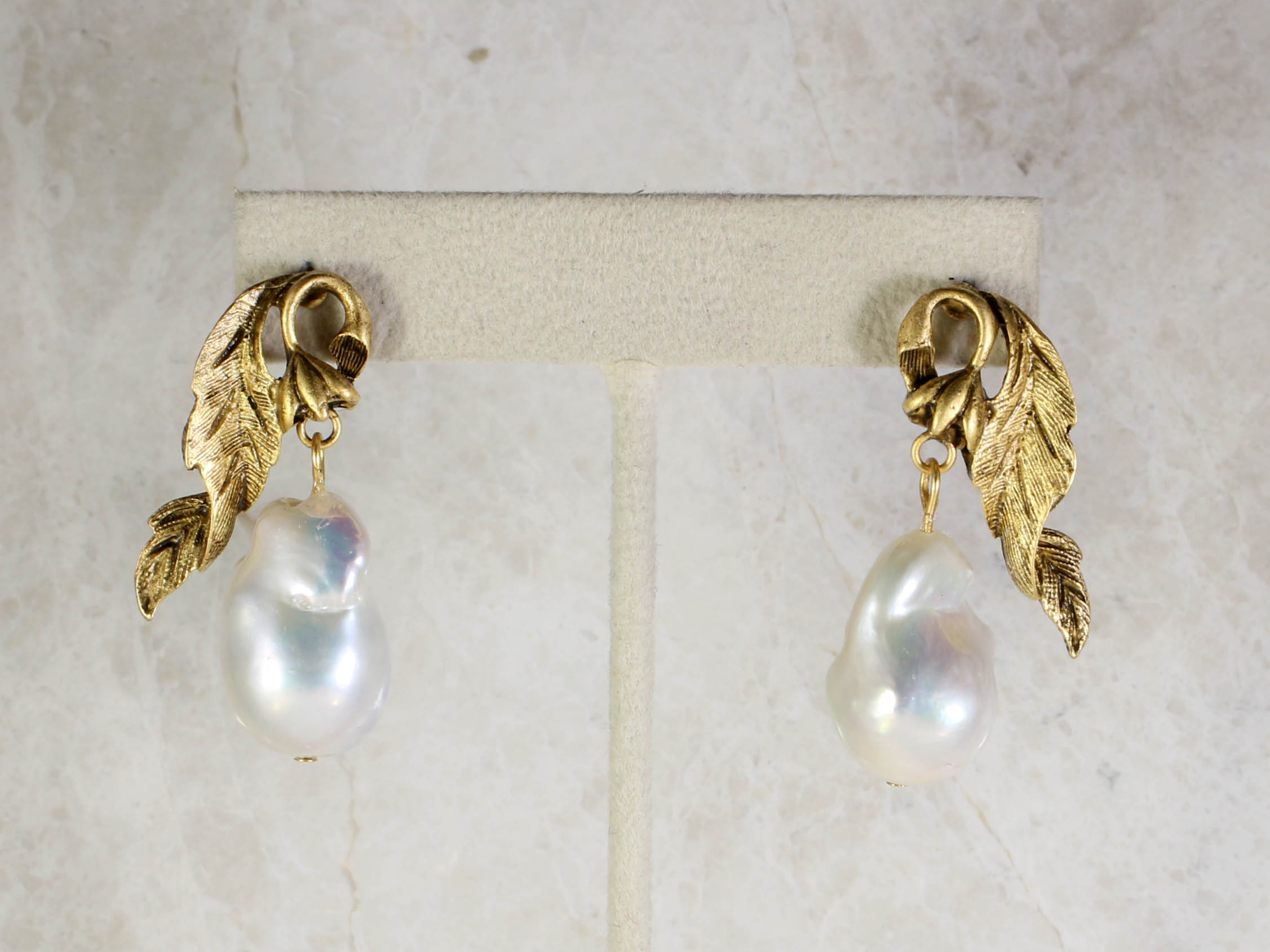 Leaf Baroque Pearl Drop Earrings — Miss Ellie NYC