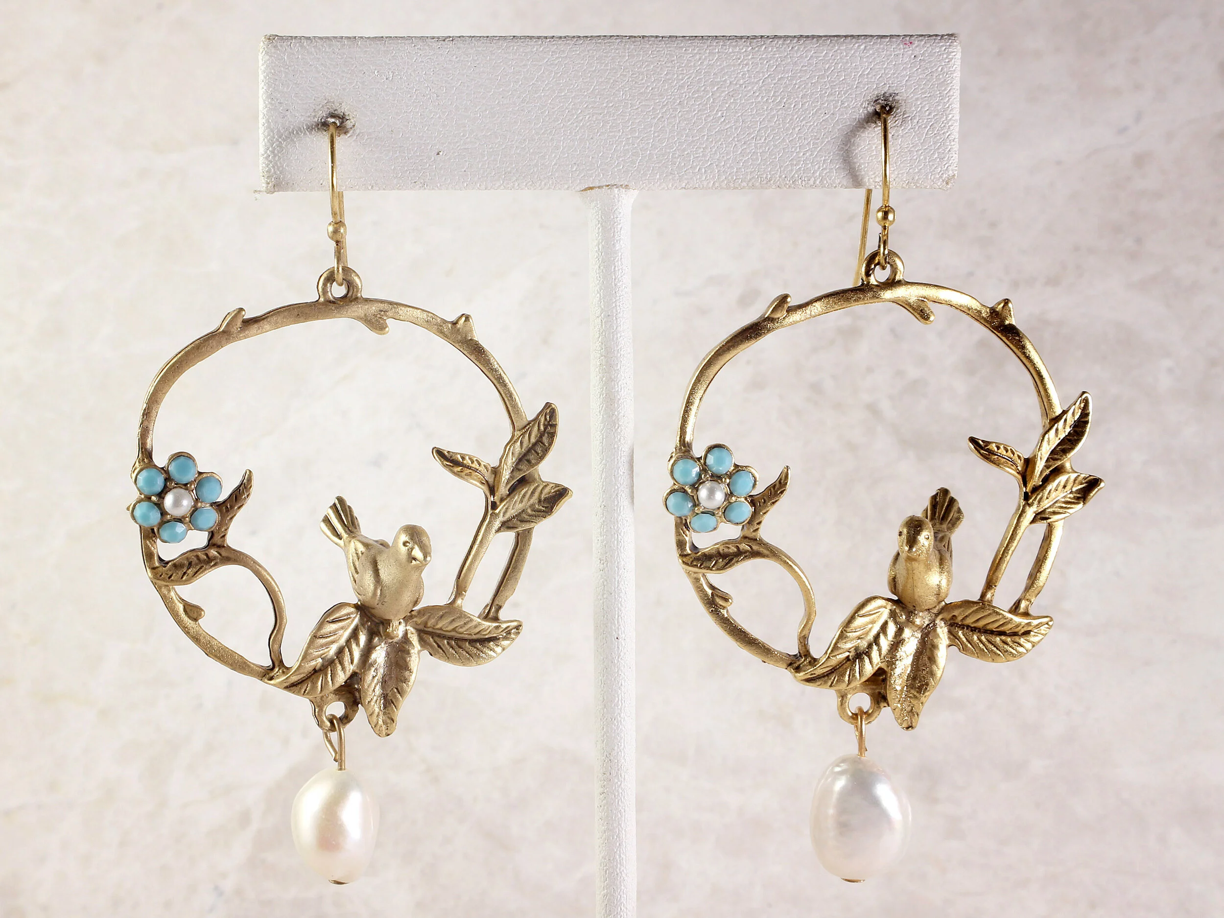 Bird Branch Hoop Pearl Drops