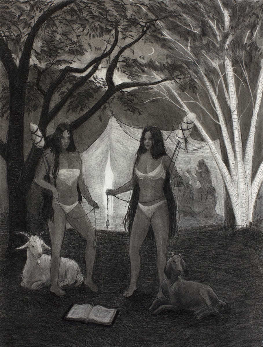   Spinning Sentinels (Waxing Crescent) , 36 x 27”, charcoal on paper, 2022   