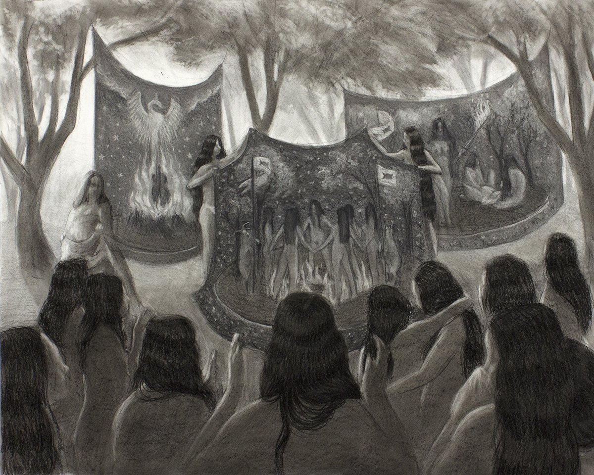   Unveiling the Tapestries (Waxing Gibbous)   , 28.75 x 36", charcoal on paper, 2022 