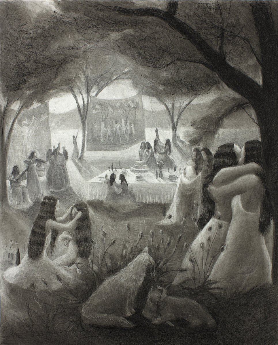   Feast Day (Full Moon) , 47.5 x 38.5", charcoal on paper, 2022 