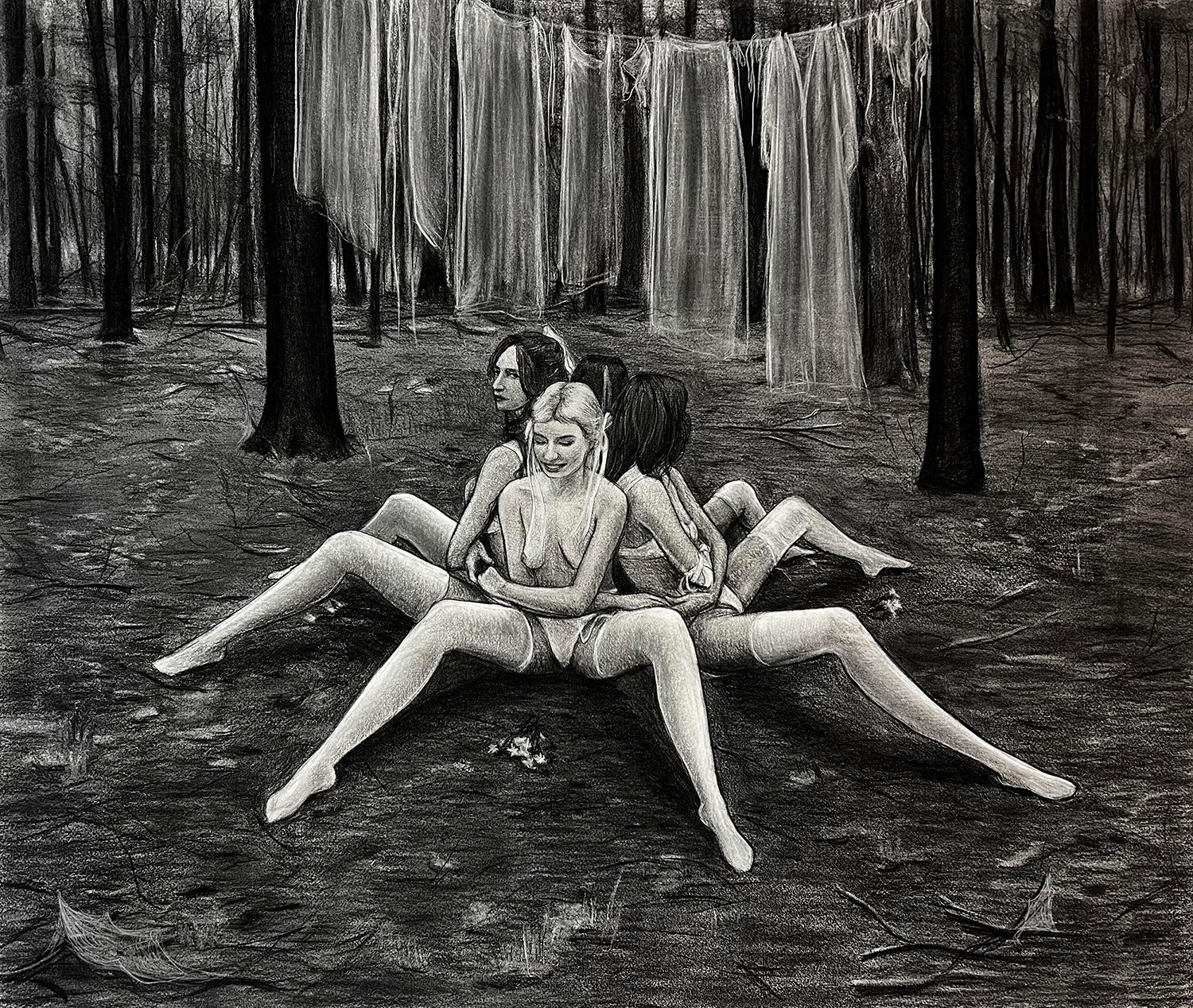   Eight-Legged Ritual , 2023, Charcoal on paper, 29 1⁄2 x 35 in, 74.9 x 88.9 cm 