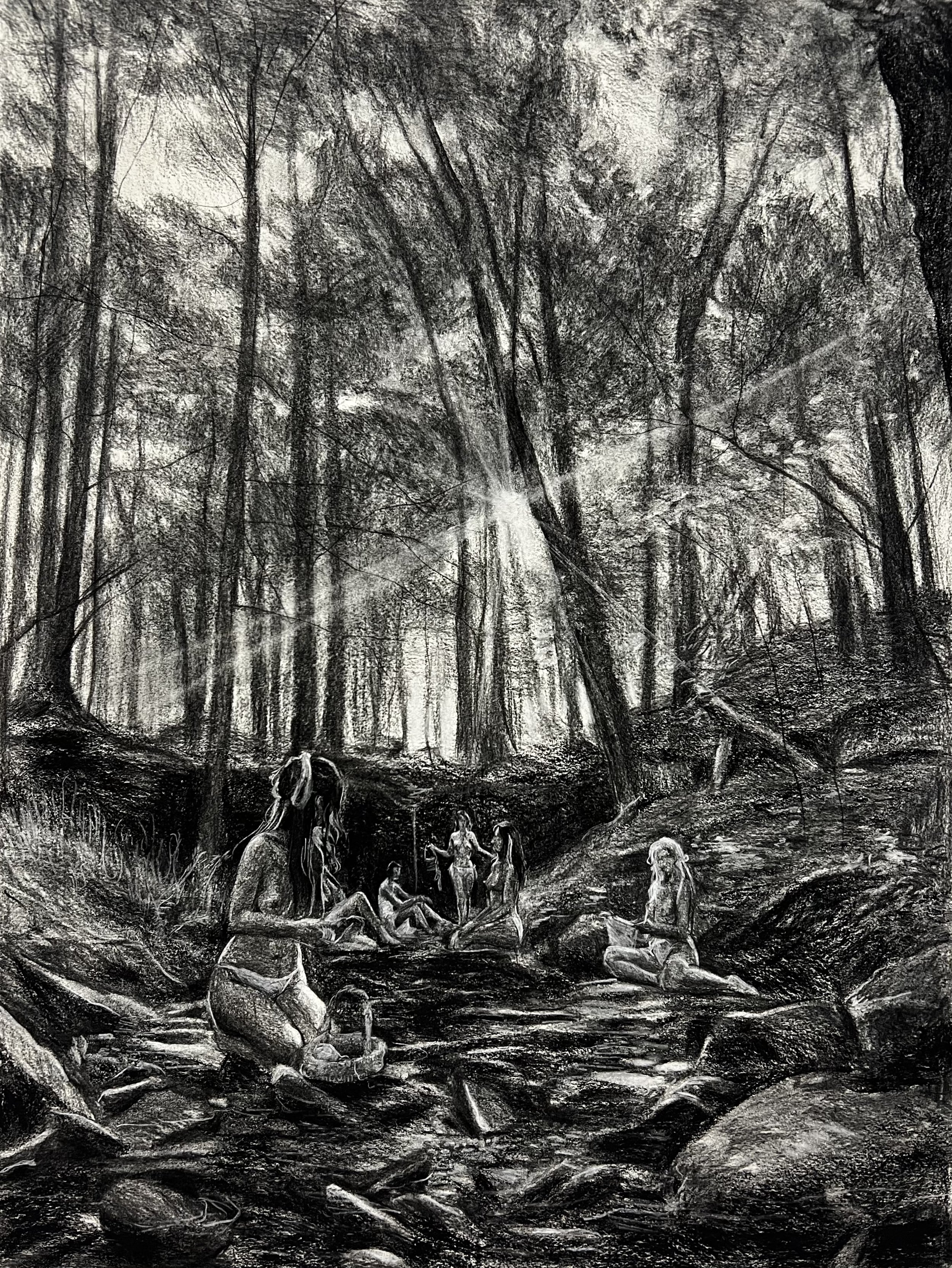  The Spring 2, charcoal on paper, 24×18 in (61×46 cm), 2024 